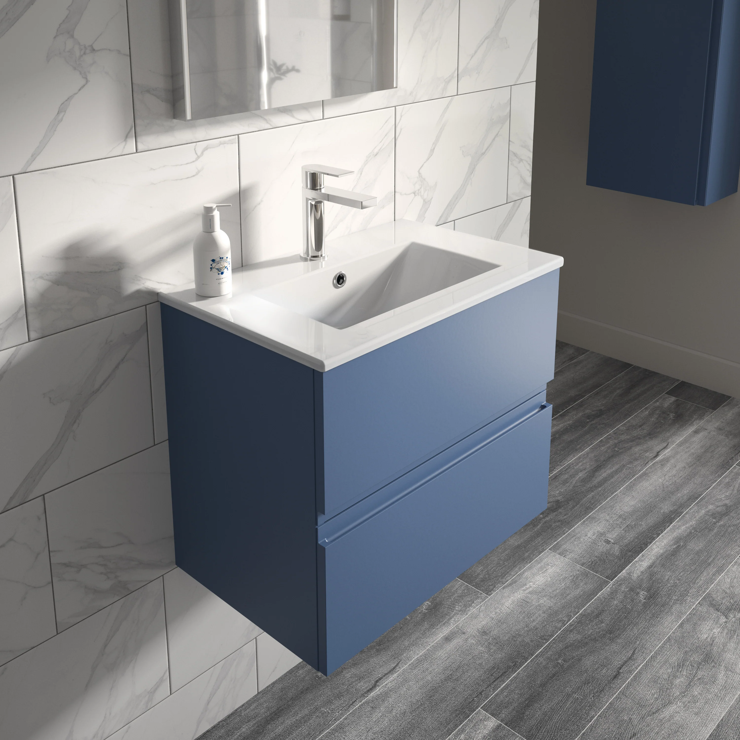 Hudson Reed Urban 600mm Wall Hung 2-Drawer Vanity Unit & Basin 2 - Satin Blue - Image 2