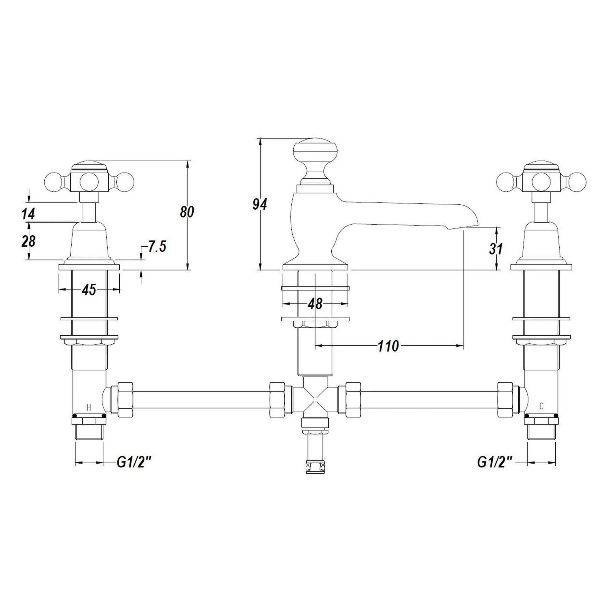 Hudson Reed White Topaz With Crosshead 3 Tap Hole Basin Mixer - Brushed Pewter - BC707DX - Image 2