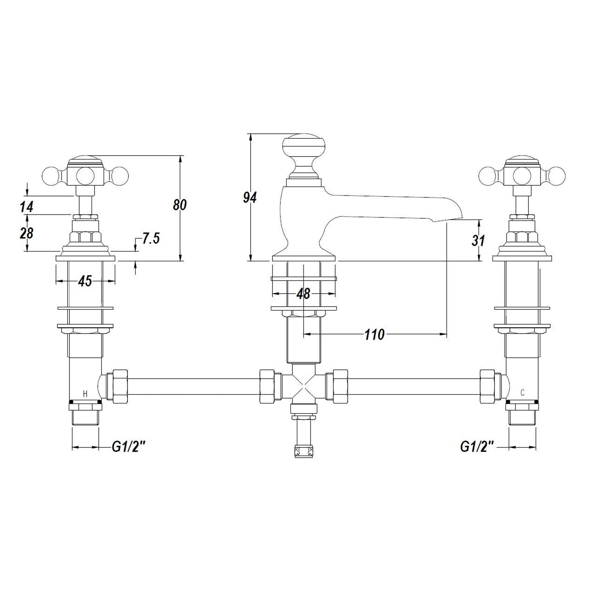 Hudson Reed White Topaz With Crosshead 3 Tap Hole Basin Mixer  - Brushed Pewter - BC707HX - Image 2