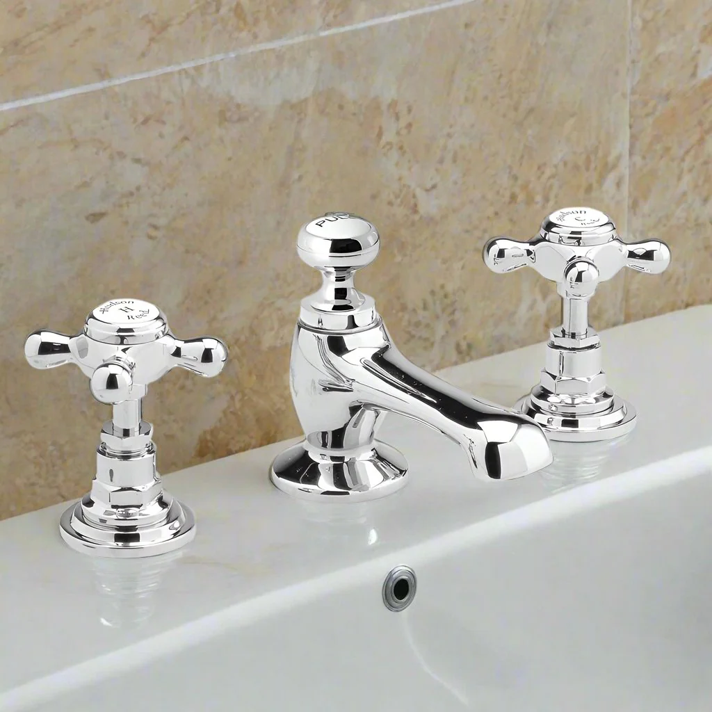 Hudson Reed White Topaz With Crosshead 3 Tap Hole Basin Mixer - Chrome / White - BC307HX - Image 2