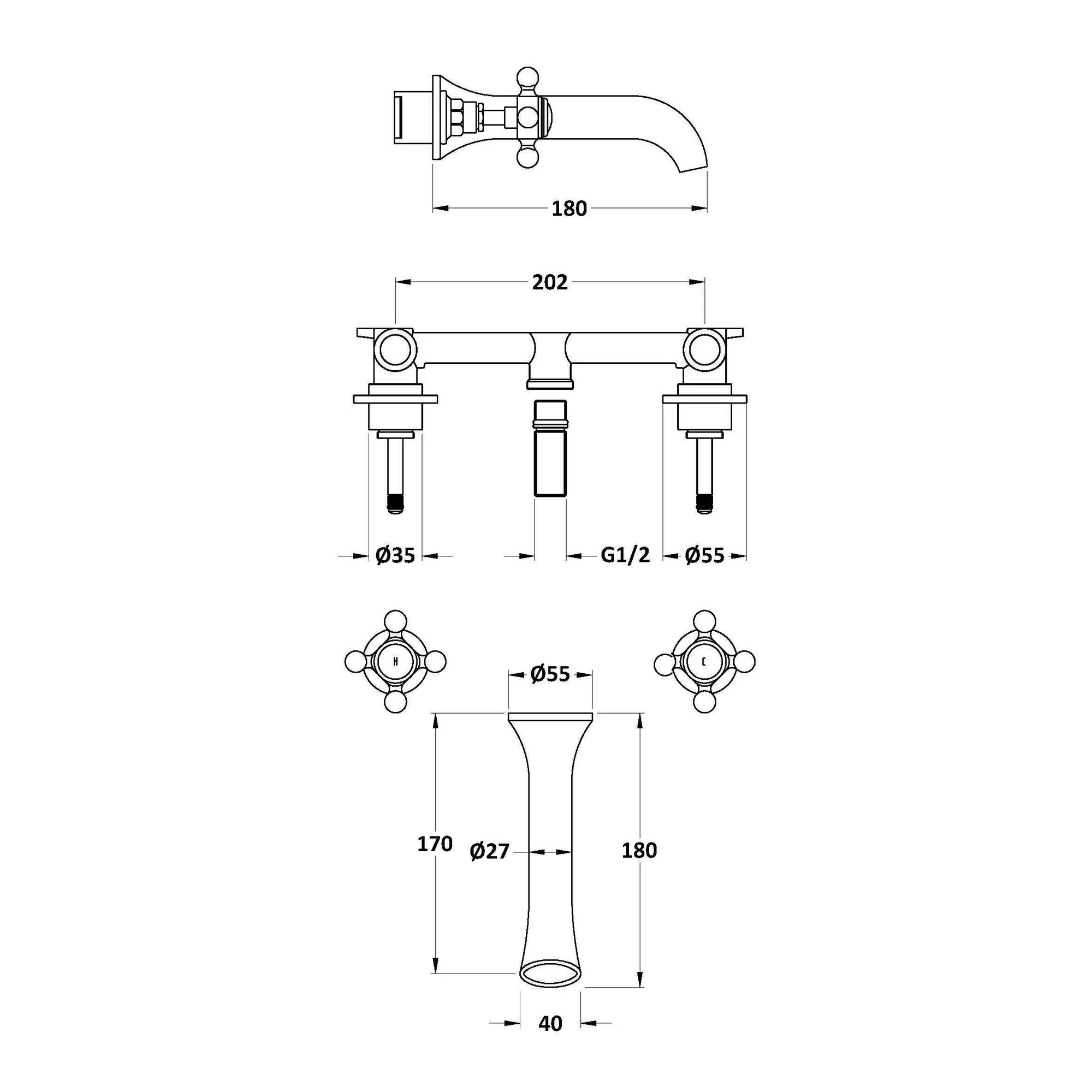 Hudson Reed White Topaz With Crosshead 3 Tap Hole Wall Mounted Basin Mixer - Brushed Pewter - BC717HX - Image 2