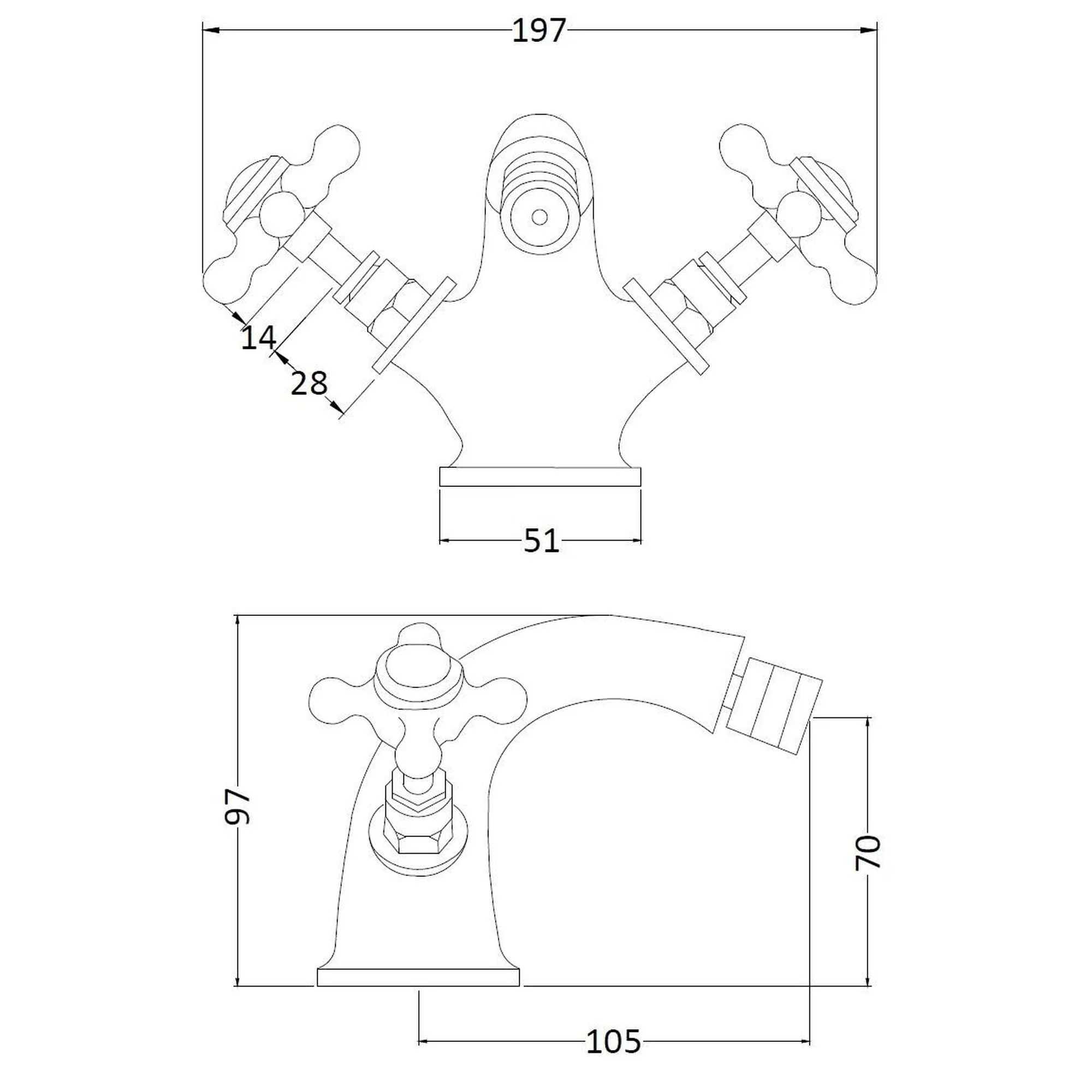 Hudson Reed White Topaz With Crosshead  Bidet Tap - Brushed Pewter - BC706HX - Image 2