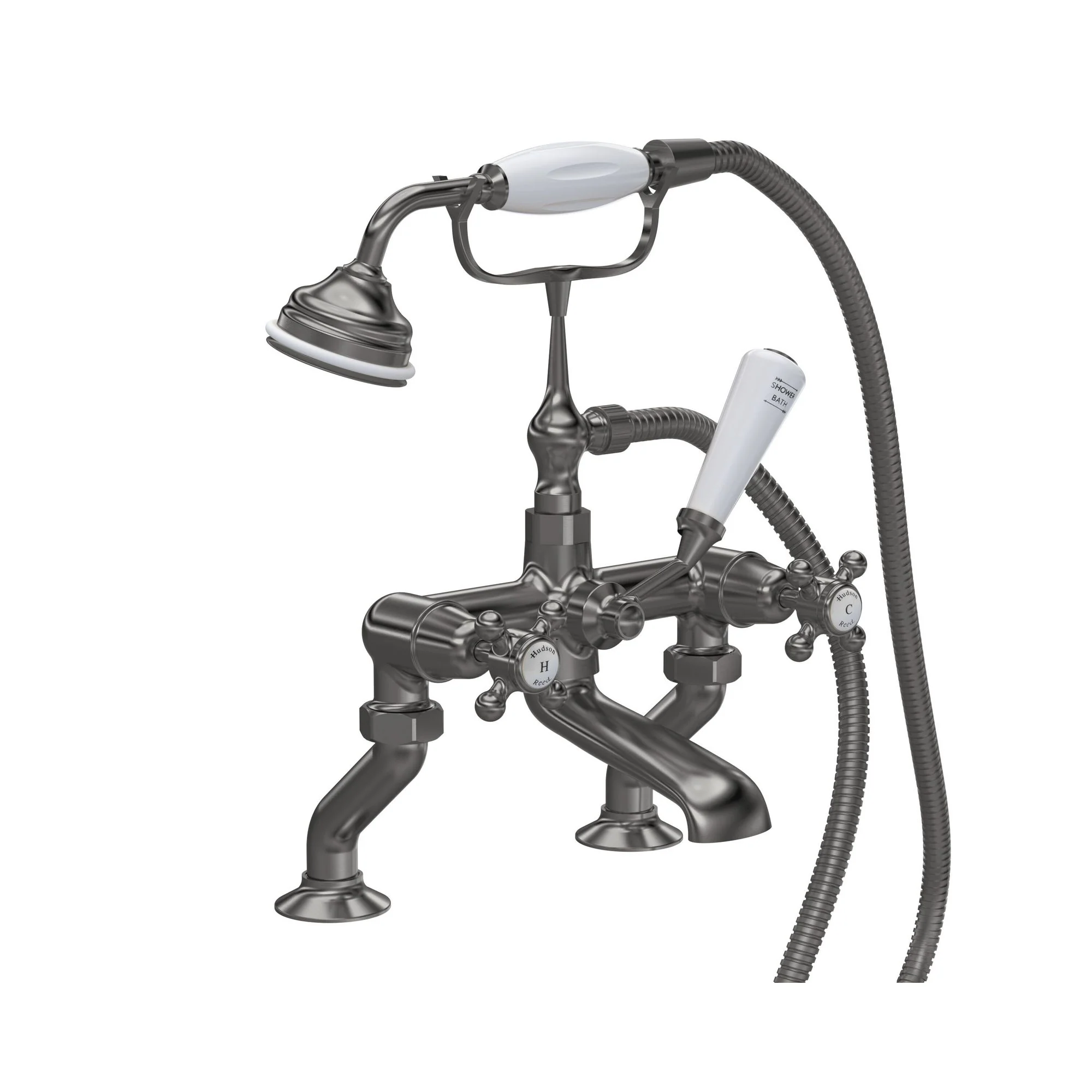 Hudson Reed White Topaz With Crosshead Deck Mounted Bath Shower Mixer - Brushed Pewter - BC704DX