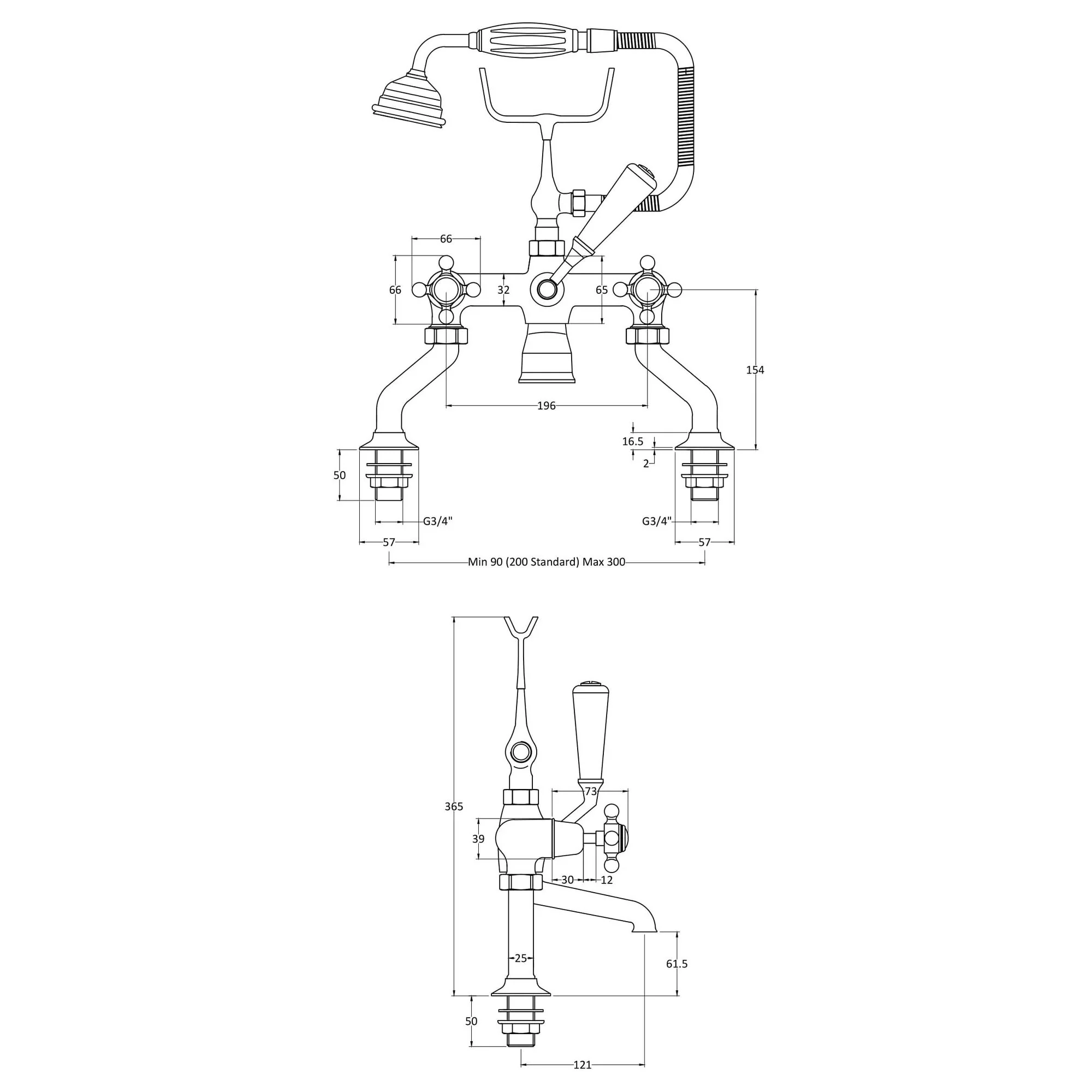 Hudson Reed White Topaz With Crosshead Deck Mounted Bath Shower Mixer - Brushed Pewter - BC704DX - Image 2