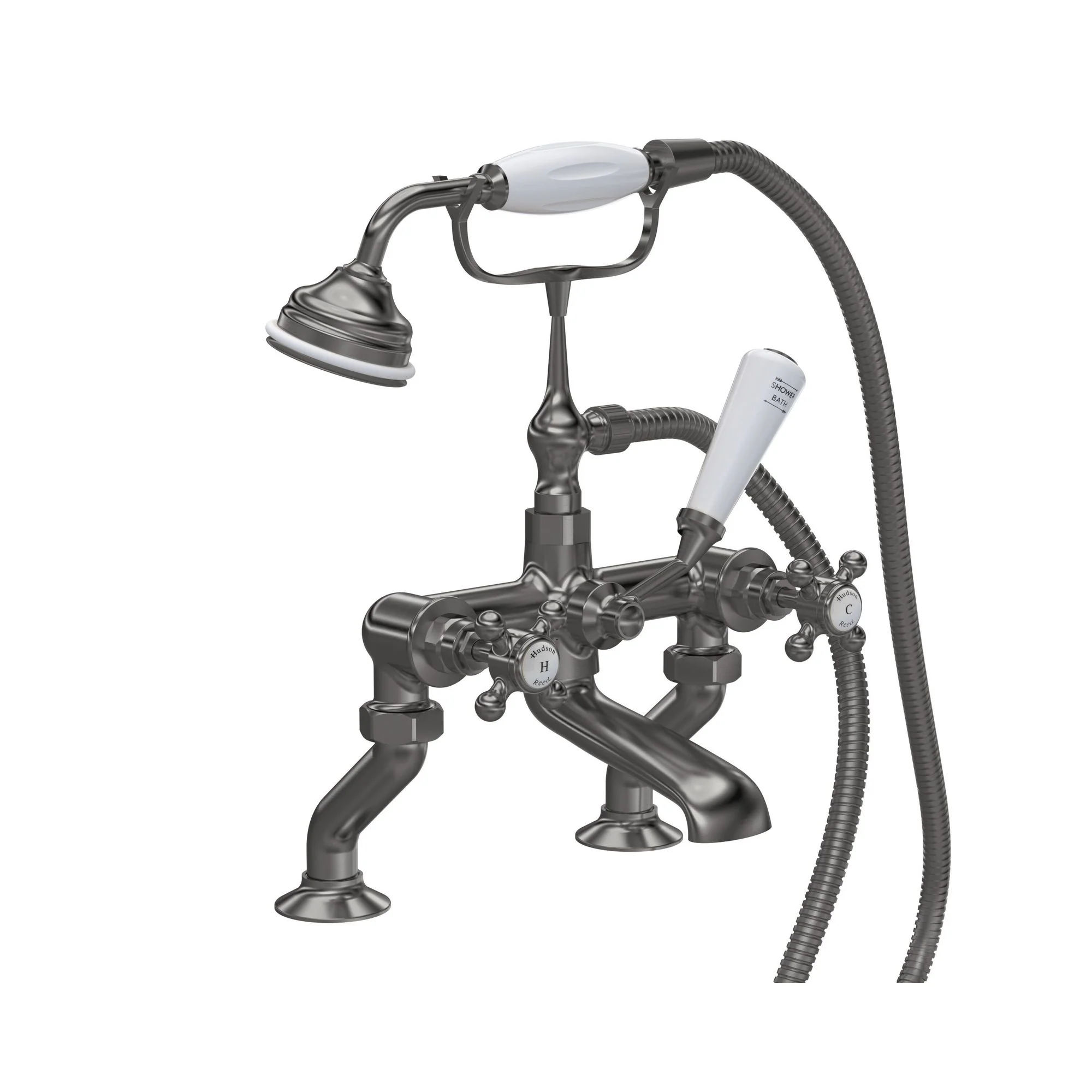 Hudson Reed White Topaz With Crosshead Deck Mounted Bath Shower Mixer - Brushed Pewter - BC704HX