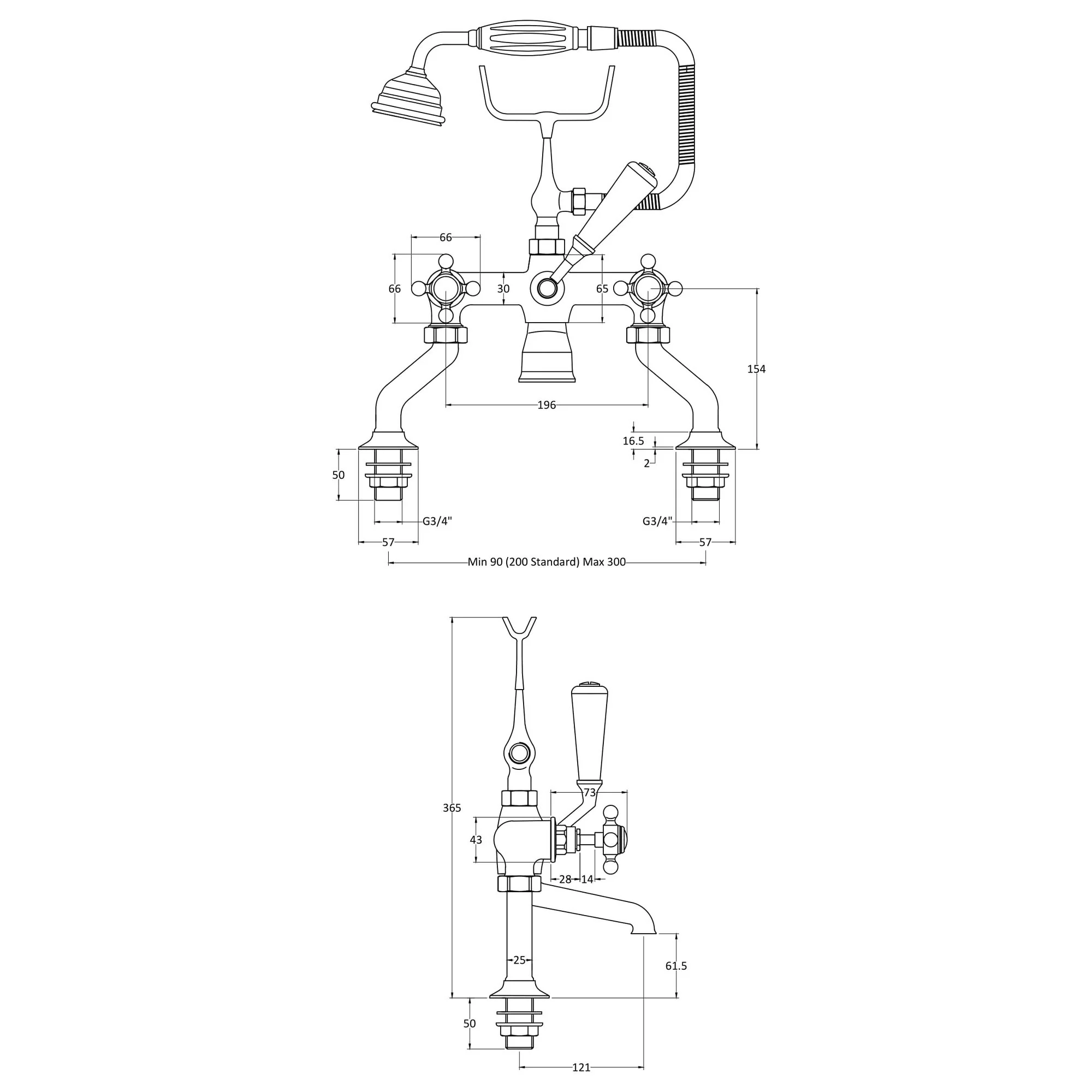 Hudson Reed White Topaz With Crosshead Deck Mounted Bath Shower Mixer - Brushed Pewter - BC704HX - Image 2