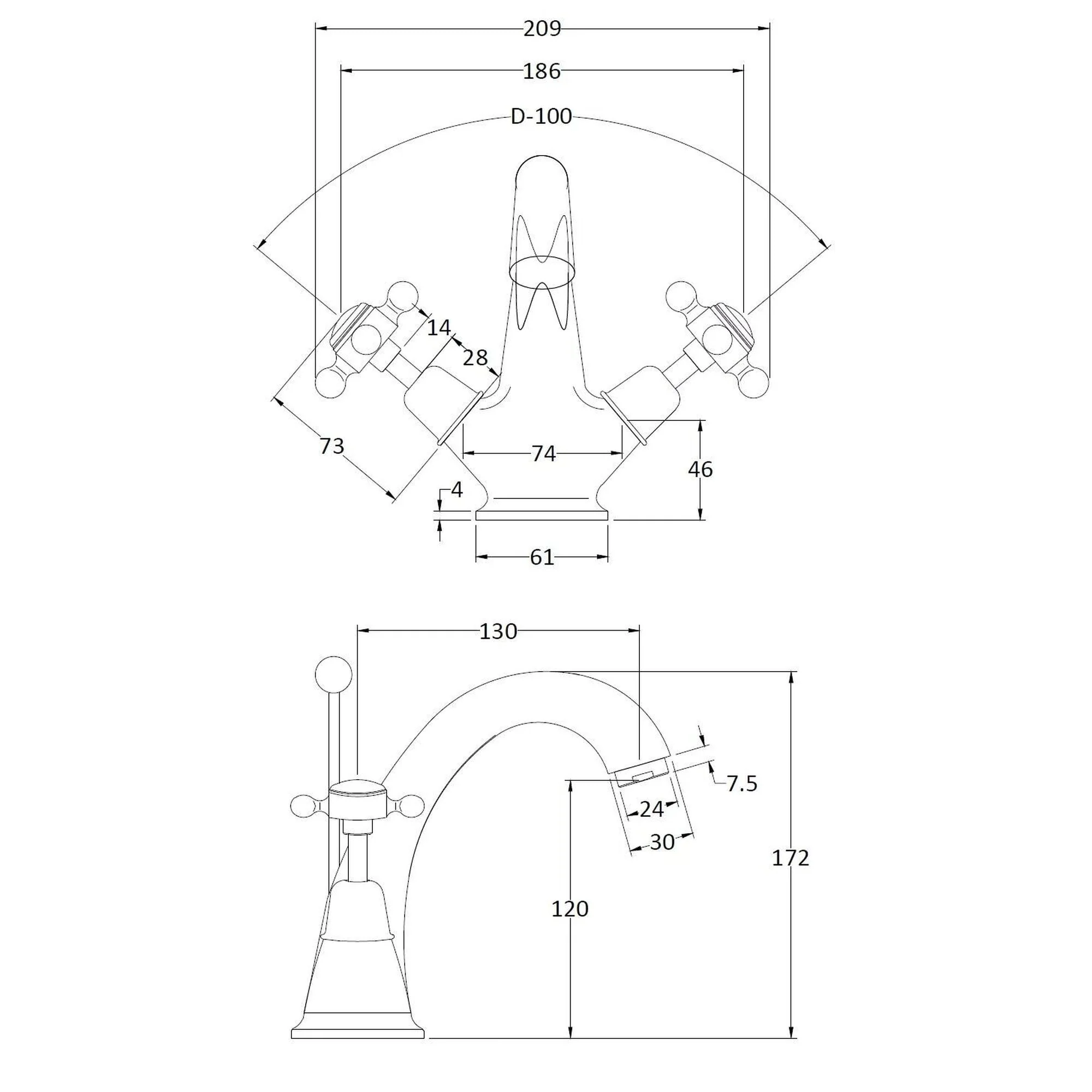 Hudson Reed White Topaz With Crosshead Mono Basin Mixer - Brushed Pewter - BC705DX - Image 2
