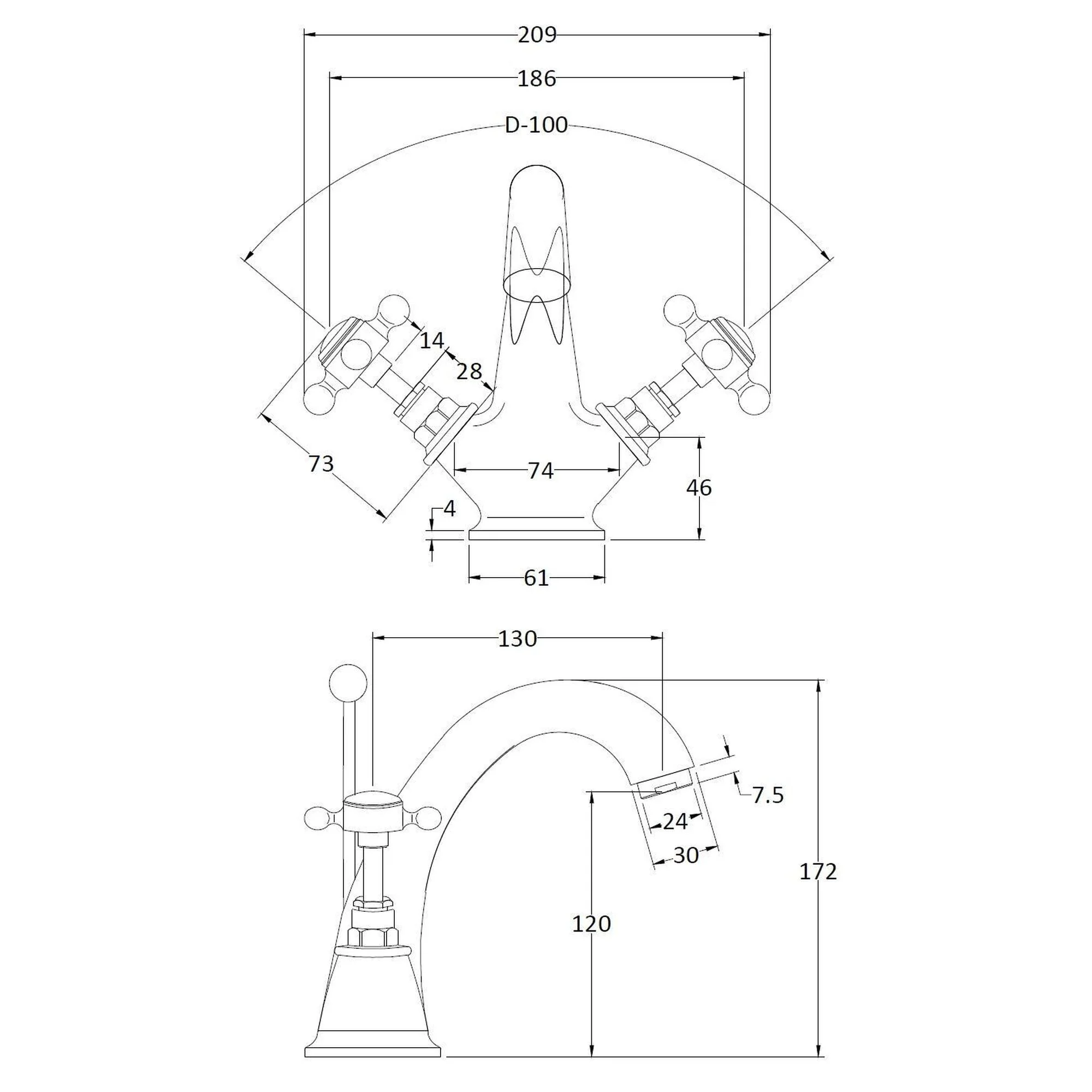 Hudson Reed White Topaz With Crosshead Mono Basin Mixer - Brushed Pewter - BC705HX - Image 2