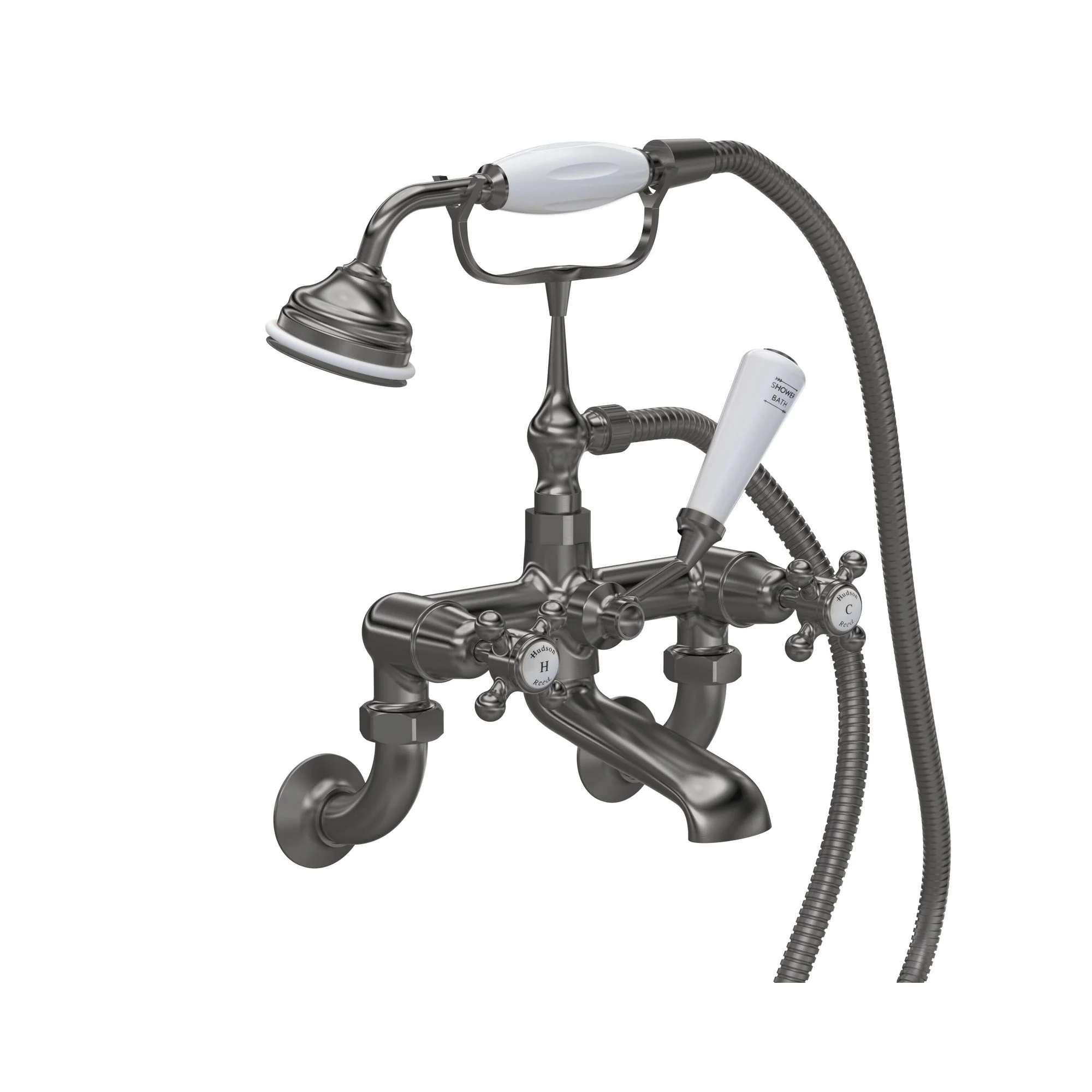 Hudson Reed White Topaz With Crosshead Wall Mounted Bath Shower Mixer - Brushed Pewter - BC704DXWM
