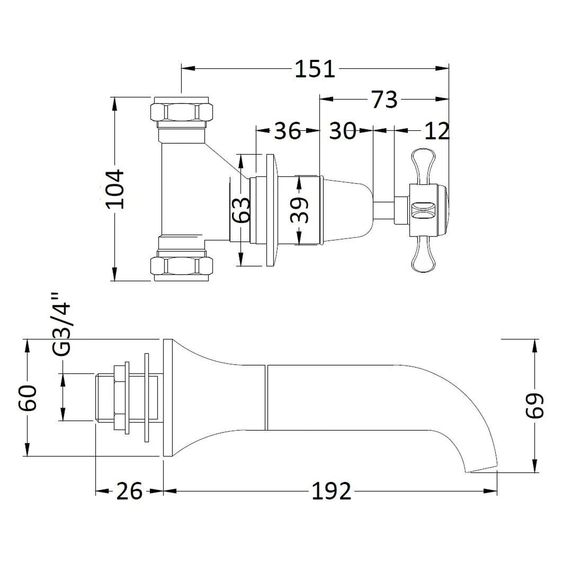 Hudson Reed White Topaz With Crosshead Wall Mounted Bath Spout - Brushed Pewter - BC709DX - Image 2