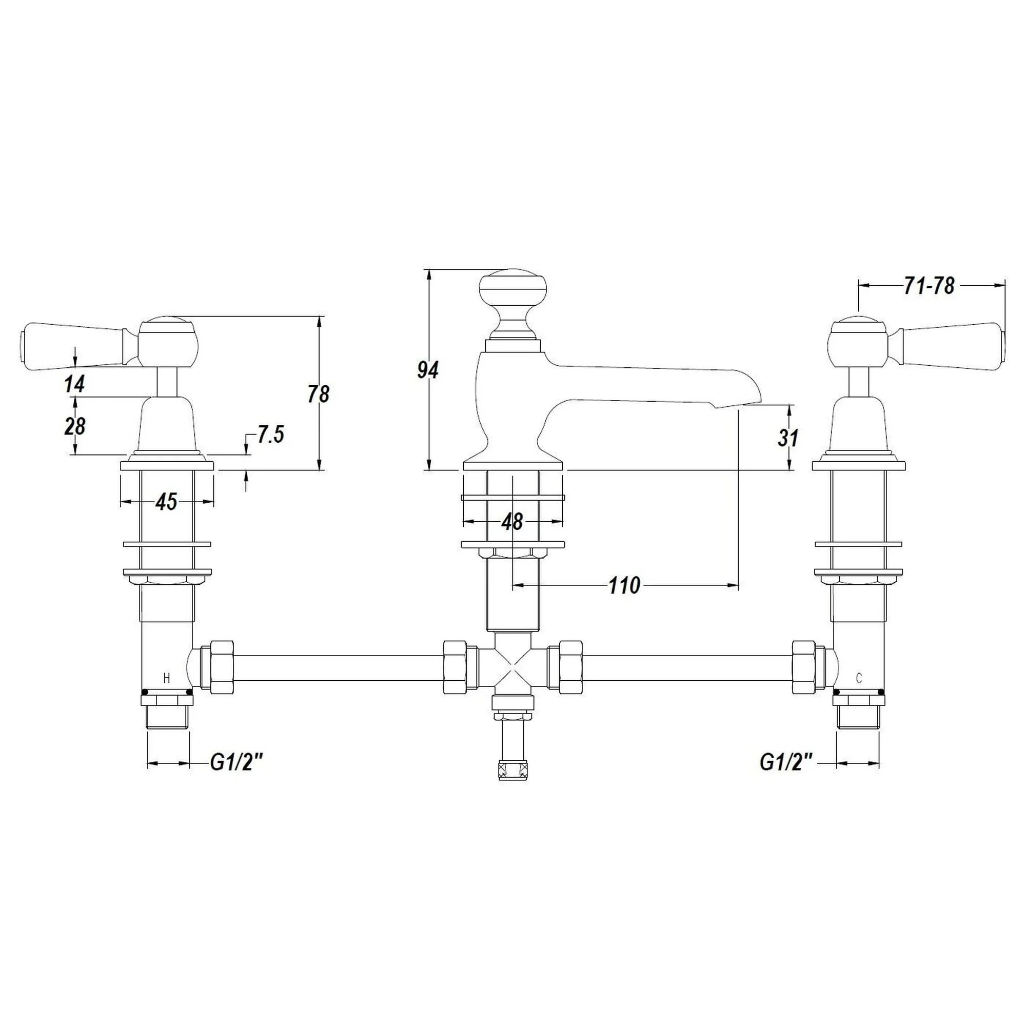 Hudson Reed White Topaz With Lever 3 Tap Hole Basin Mixer - Brushed Pewter - BC707DL - Image 2
