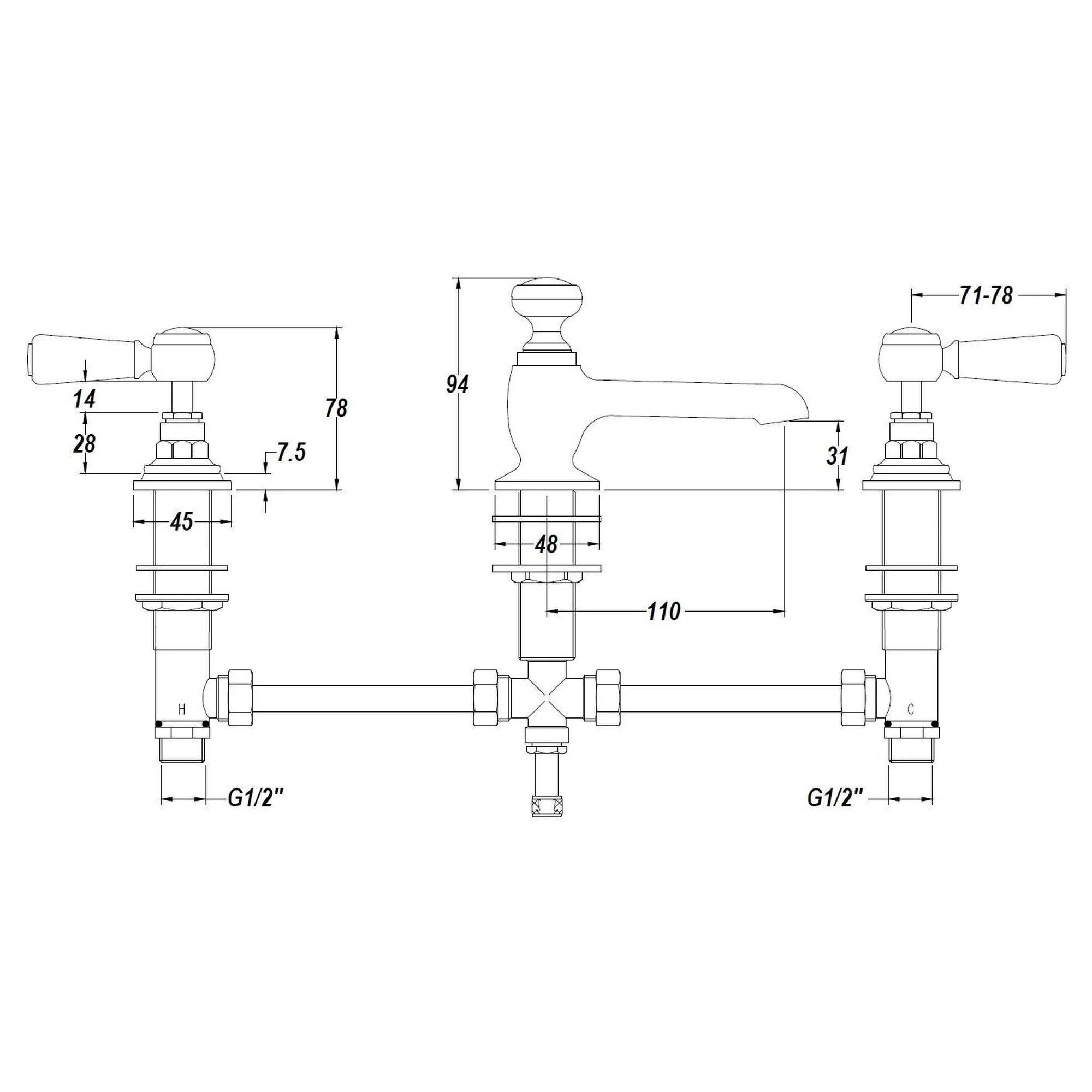 Hudson Reed White Topaz With Lever 3 Tap Hole Basin Mixer - Brushed Pewter - BC707HL - Image 2
