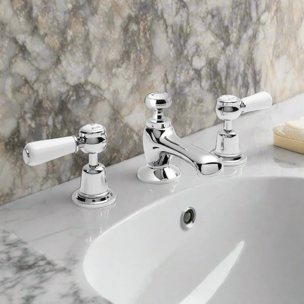 Hudson Reed White Topaz With Lever 3 Tap Hole Basin Mixer - Chrome / White - BC307DL