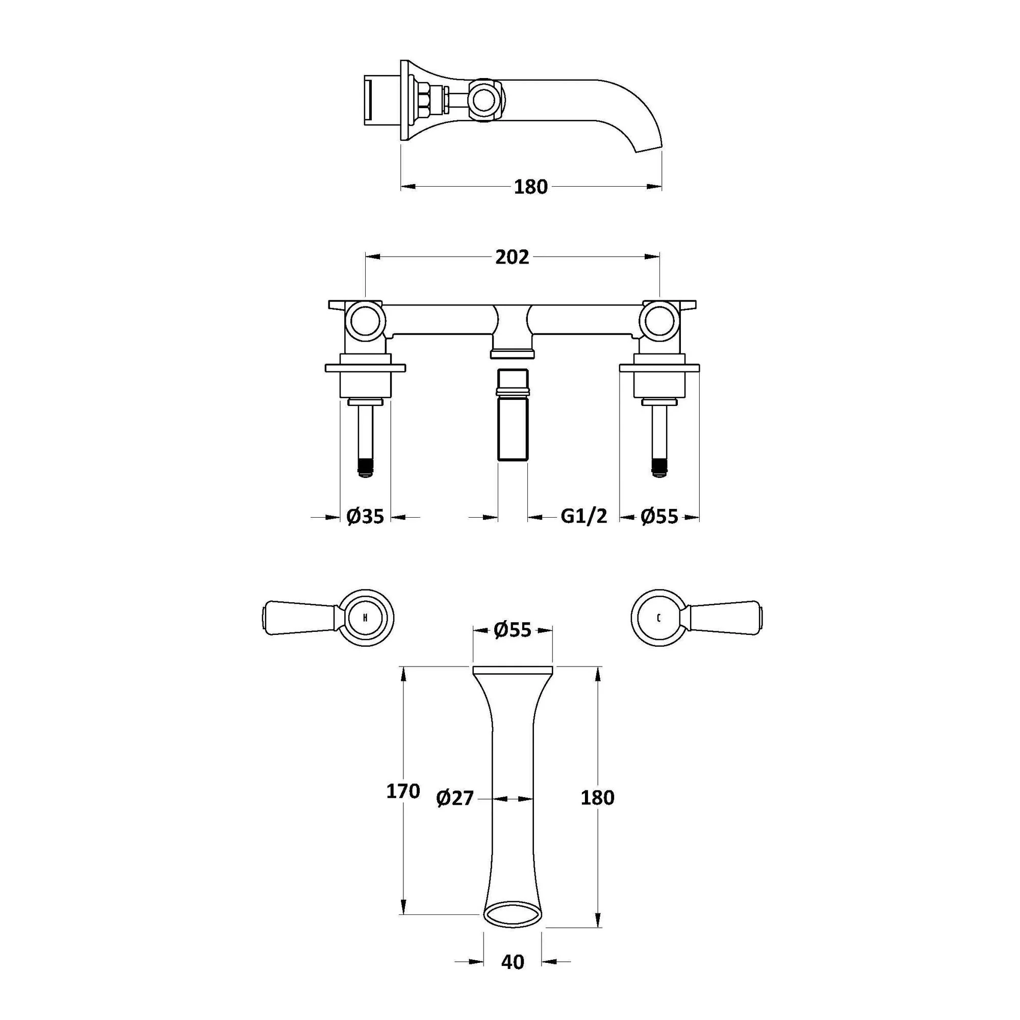 Hudson Reed White Topaz With Lever 3 Tap Hole Wall Mounted Basin Mixer - Brushed Pewter - BC717HL - Image 2