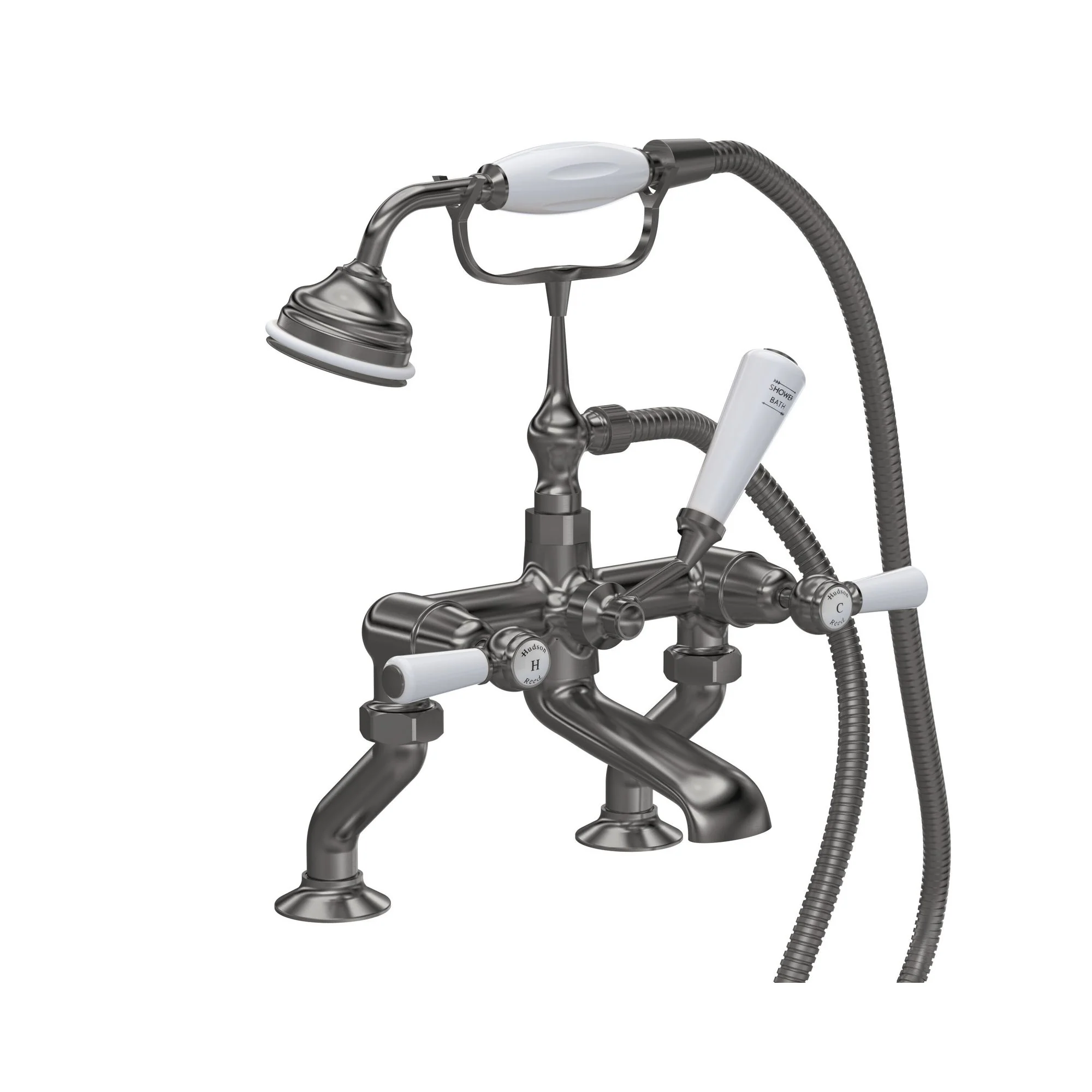 Hudson Reed White Topaz With Lever Deck Mounted Bath Shower Mixer - Brushed Pewter