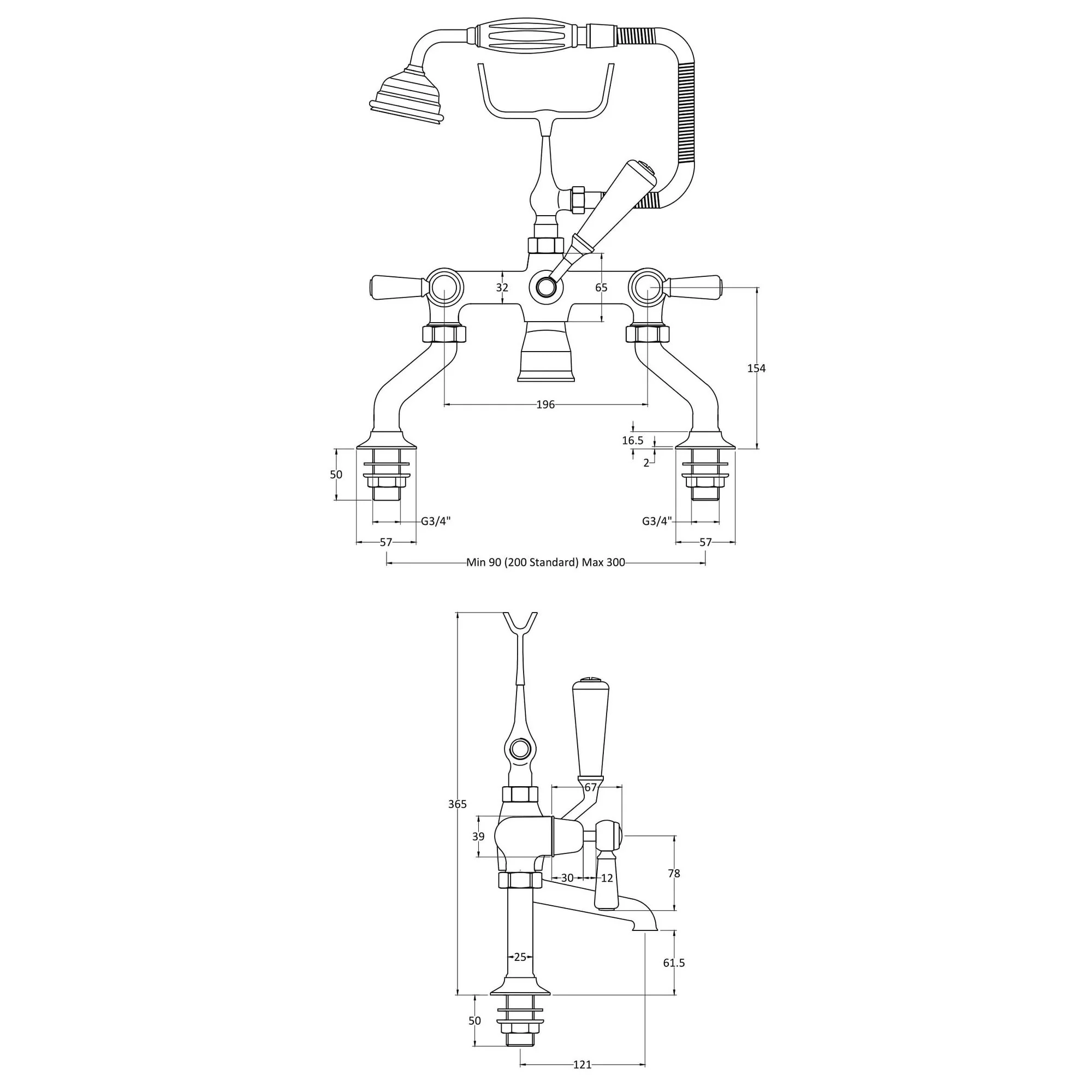 Hudson Reed White Topaz With Lever Deck Mounted Bath Shower Mixer - Brushed Pewter - Image 2