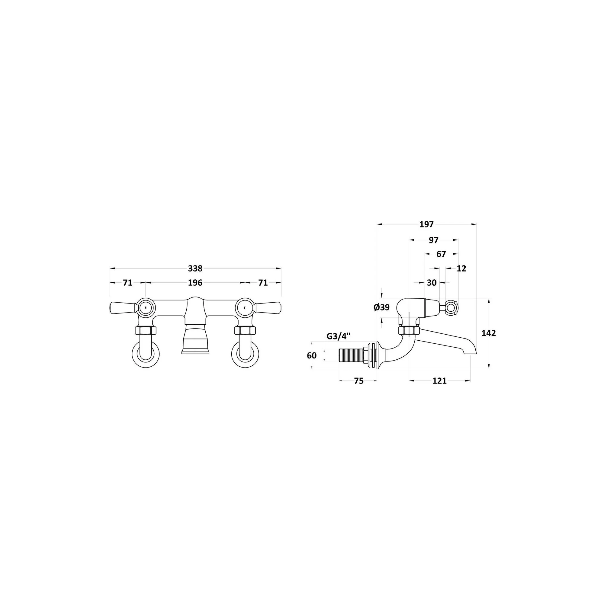 Hudson Reed White Topaz With Lever Wall Mounted Bath Filler - Brushed Pewter - BC703DLWM - Image 2