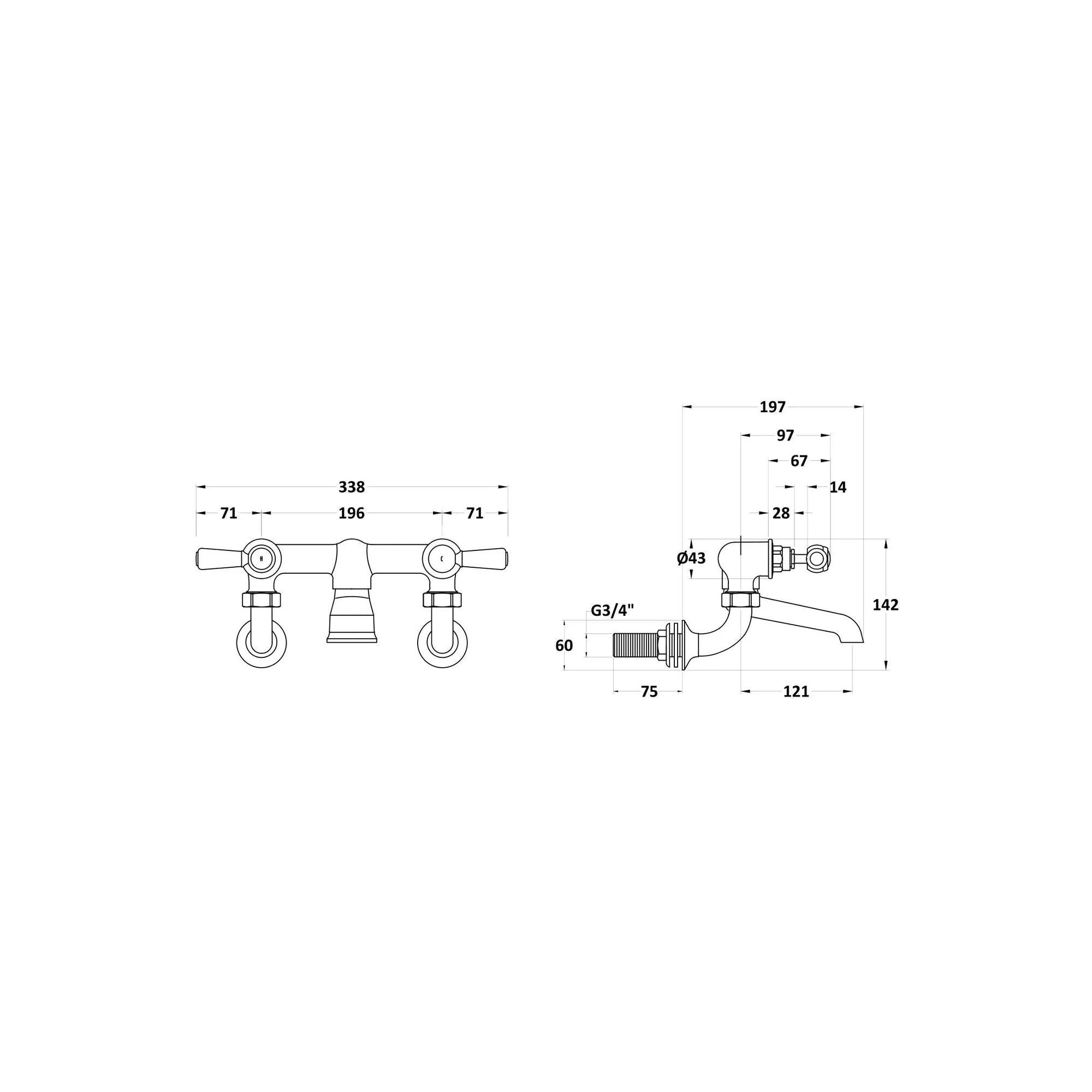 Hudson Reed White Topaz With Lever Wall Mounted Bath Filler - Brushed Pewter - BC703HLWM - Image 2