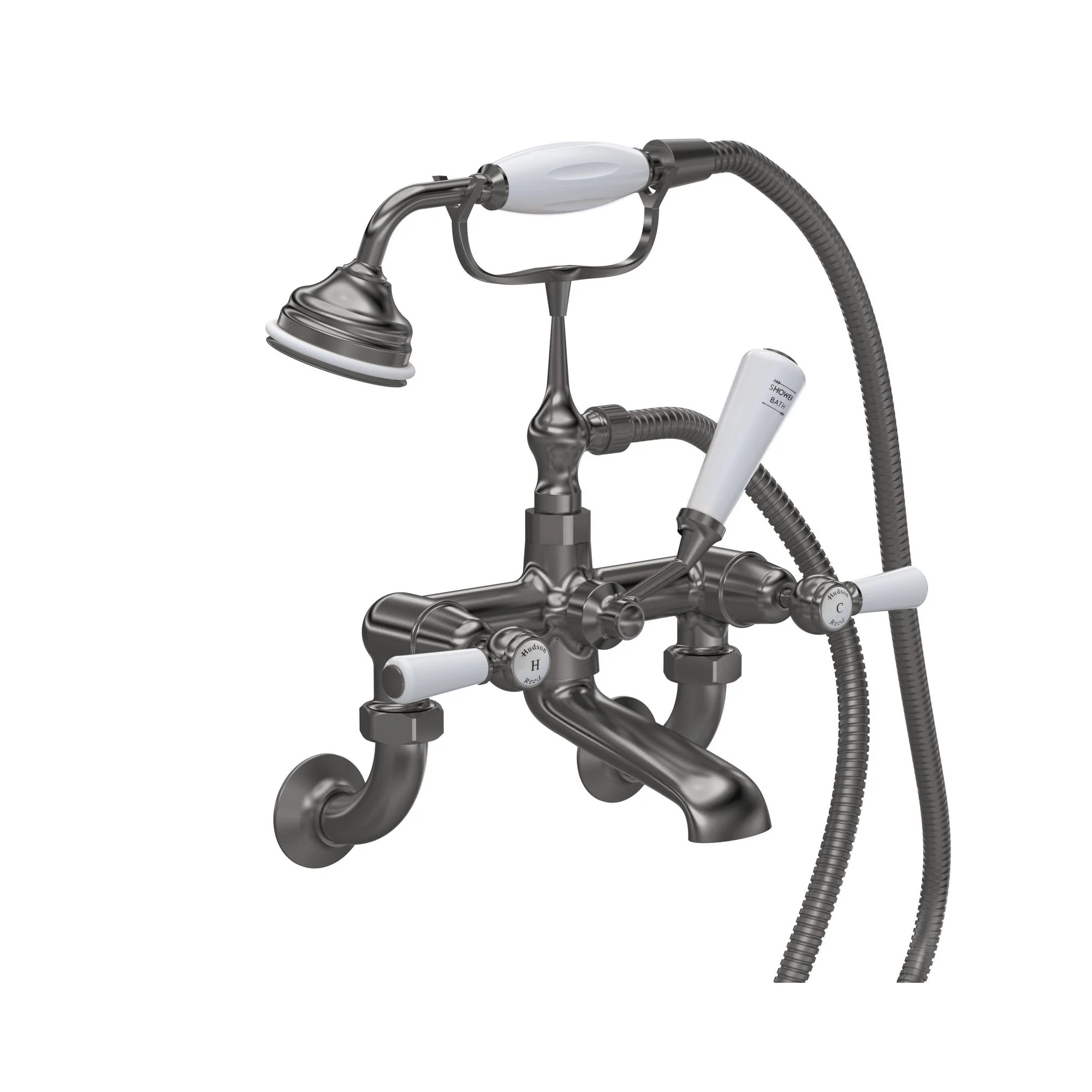 Hudson Reed White Topaz With Lever Wall Mounted Bath Shower Mixer - Brushed Pewter - Dome Collar
