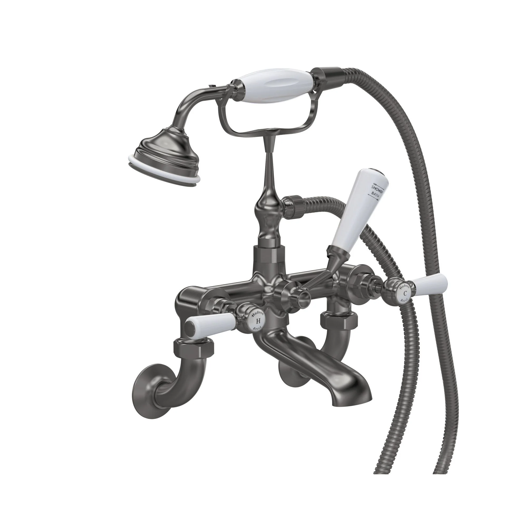 Hudson Reed White Topaz With Lever Wall Mounted Bath Shower Mixer - Brushed Pewter - Hexagonal Collar