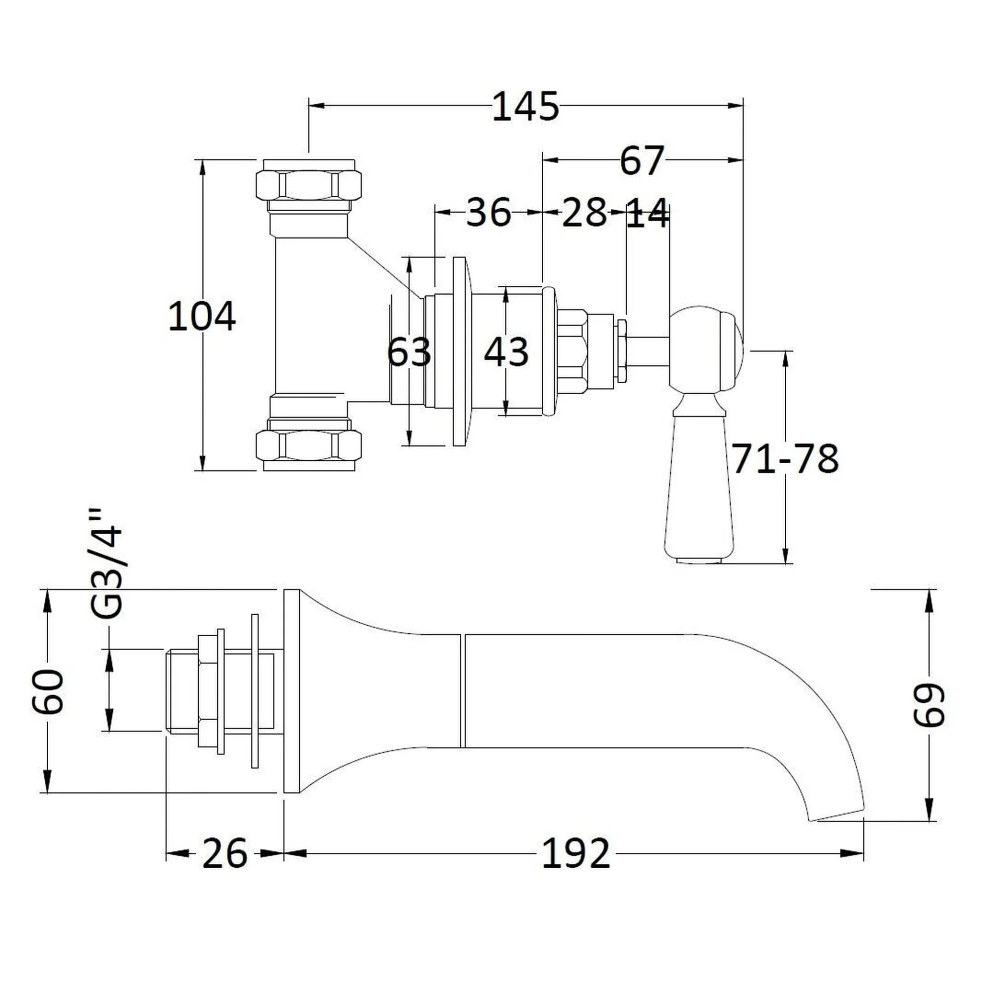 Hudson Reed White Topaz With Lever Wall Mounted Bath Spout & Stop Taps - Brushed Pewter - BC709HL - Image 2