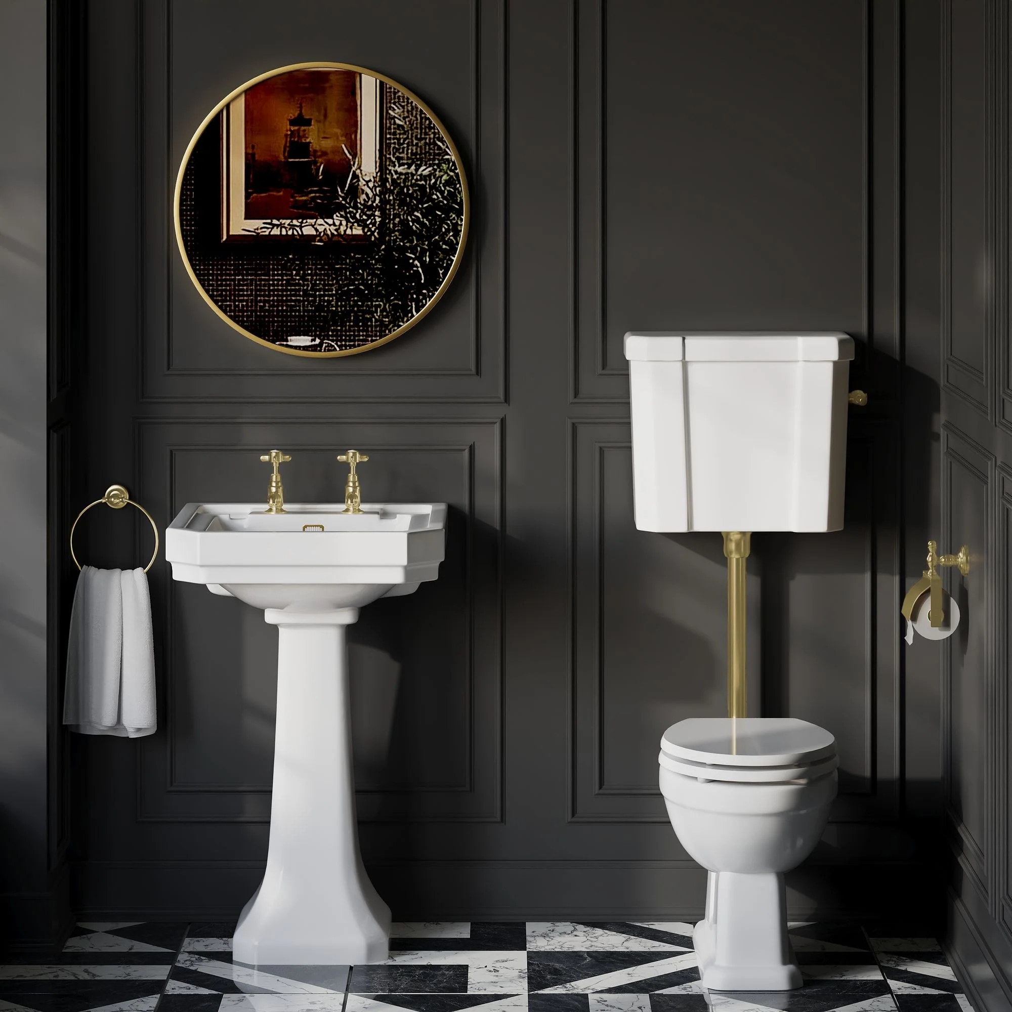 Huxton 2-Tap-Hole 640mm Basin with Low Level Toilet - Brushed Brass