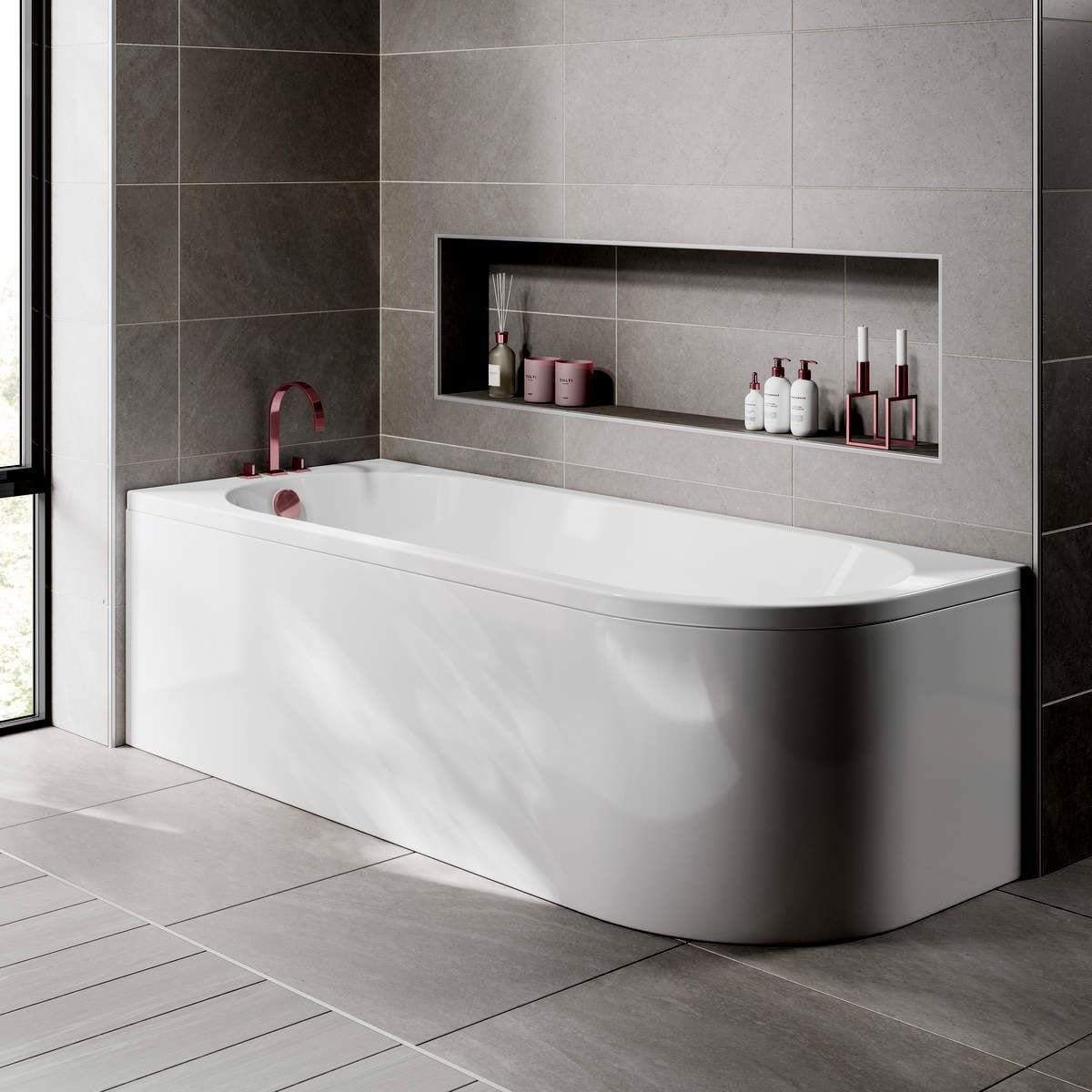 J Shaped 1700 x 750 Left Hand Single Ended Bath, Panel & 6mm Curved Bath Screen - Image 4