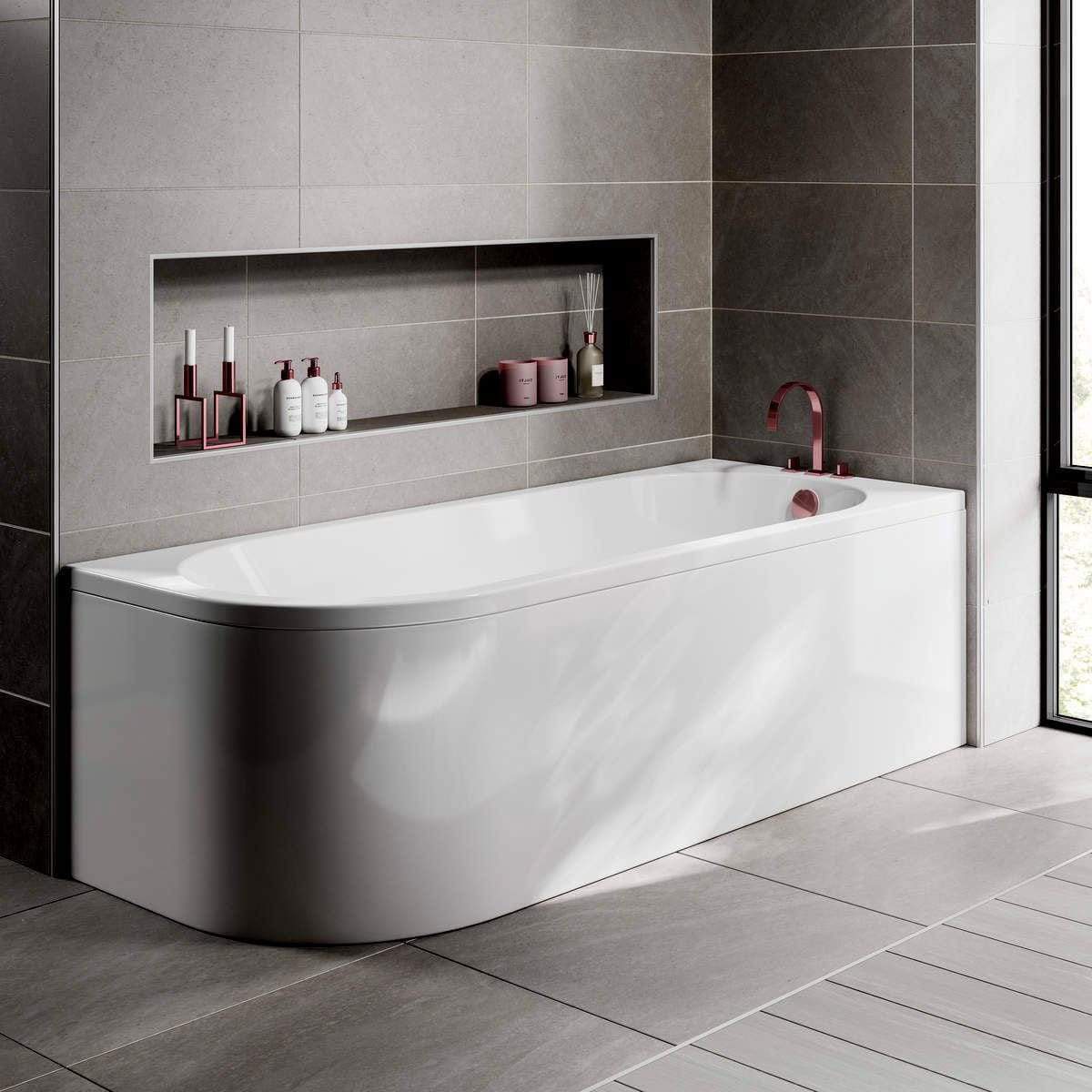 J Shaped 1700 x 750 Right Hand Single Ended Bath, Panel & 6mm Curved Bath Screen - Image 4
