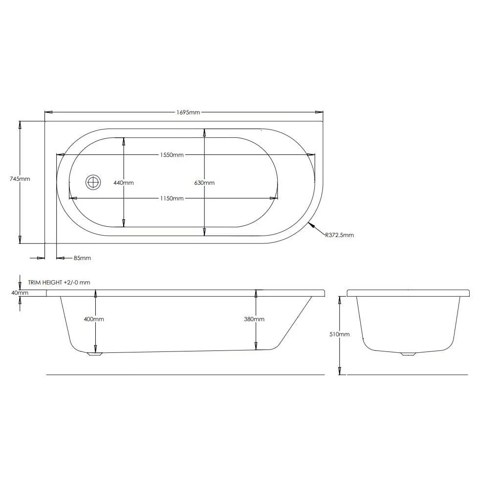 J Shaped 1700 x 750 Right Hand Single Ended Bath, Panel & 6mm Curved Bath Screen - Image 6