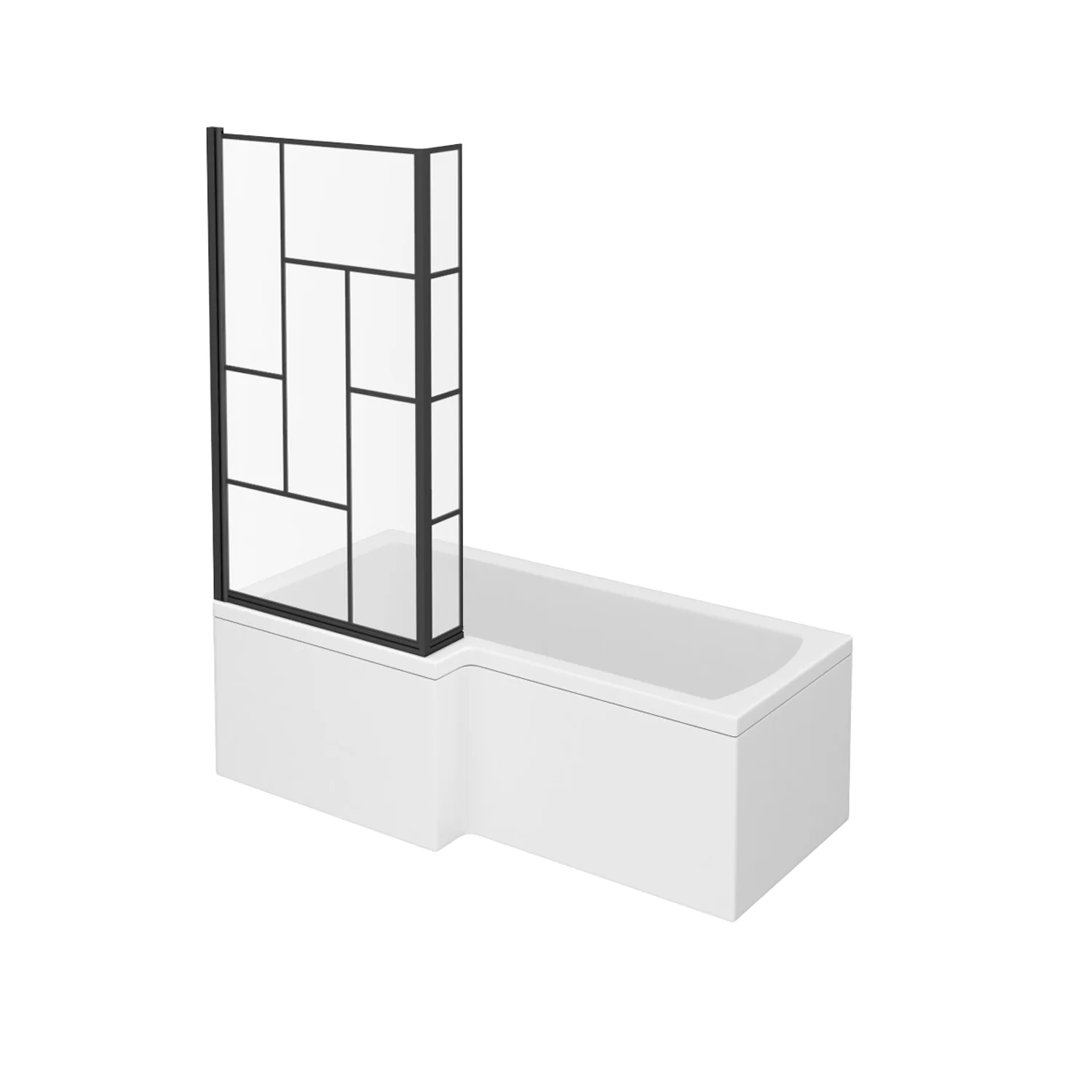 L-Shaped 1500 x 850/700 Shower Bath C/W Black Abstract Bath Screen & Front Panel