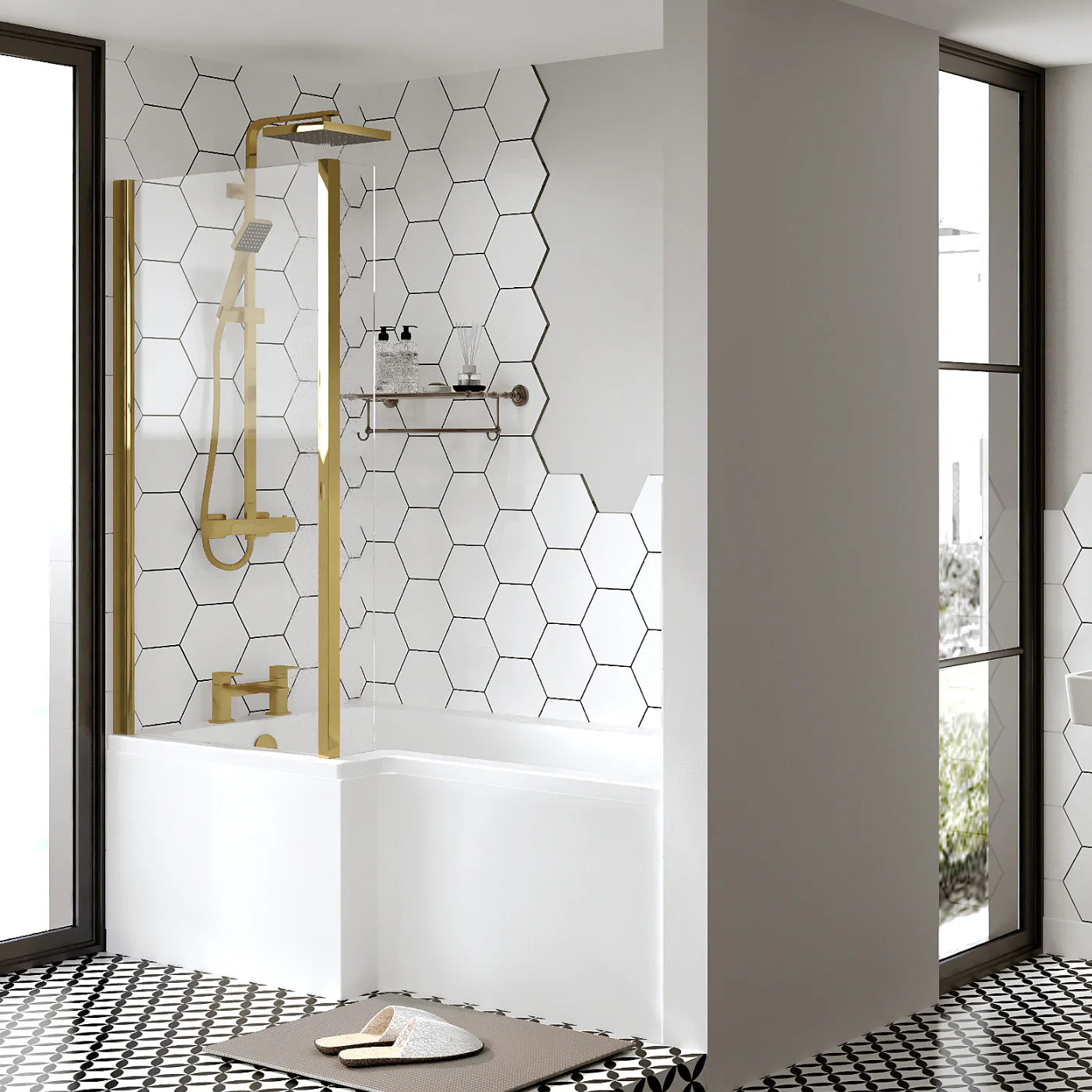 L-Shaped 1500 x 850/700 Shower Bath C/W Brushed Brass Bath Screen & Front Panel - Image 3