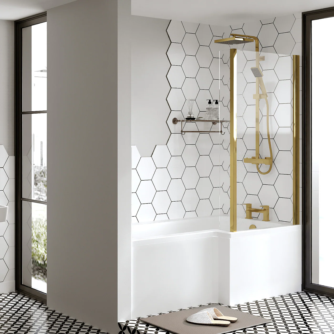 L-Shaped 1500 x 850/700 Shower Bath C/W Brushed Brass Bath Screen & Front Panel - Image 4