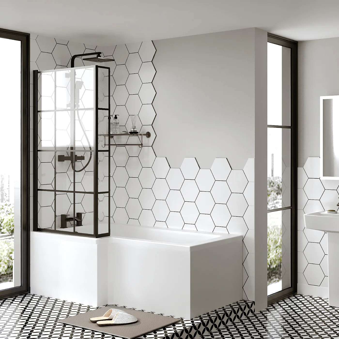 L-Shaped 1700 x 850/700 Shower Bath C/W Black Framed Bath Screen & Front Panel