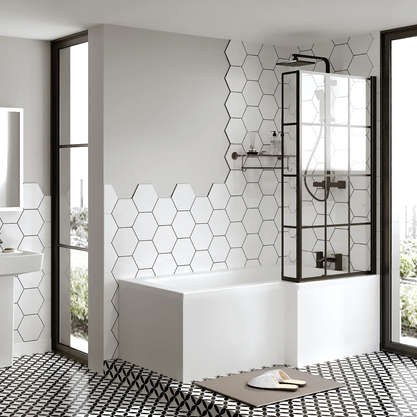 L-Shaped 1700 x 850/700 Shower Bath C/W Black Framed Bath Screen & Front Panel - Image 2