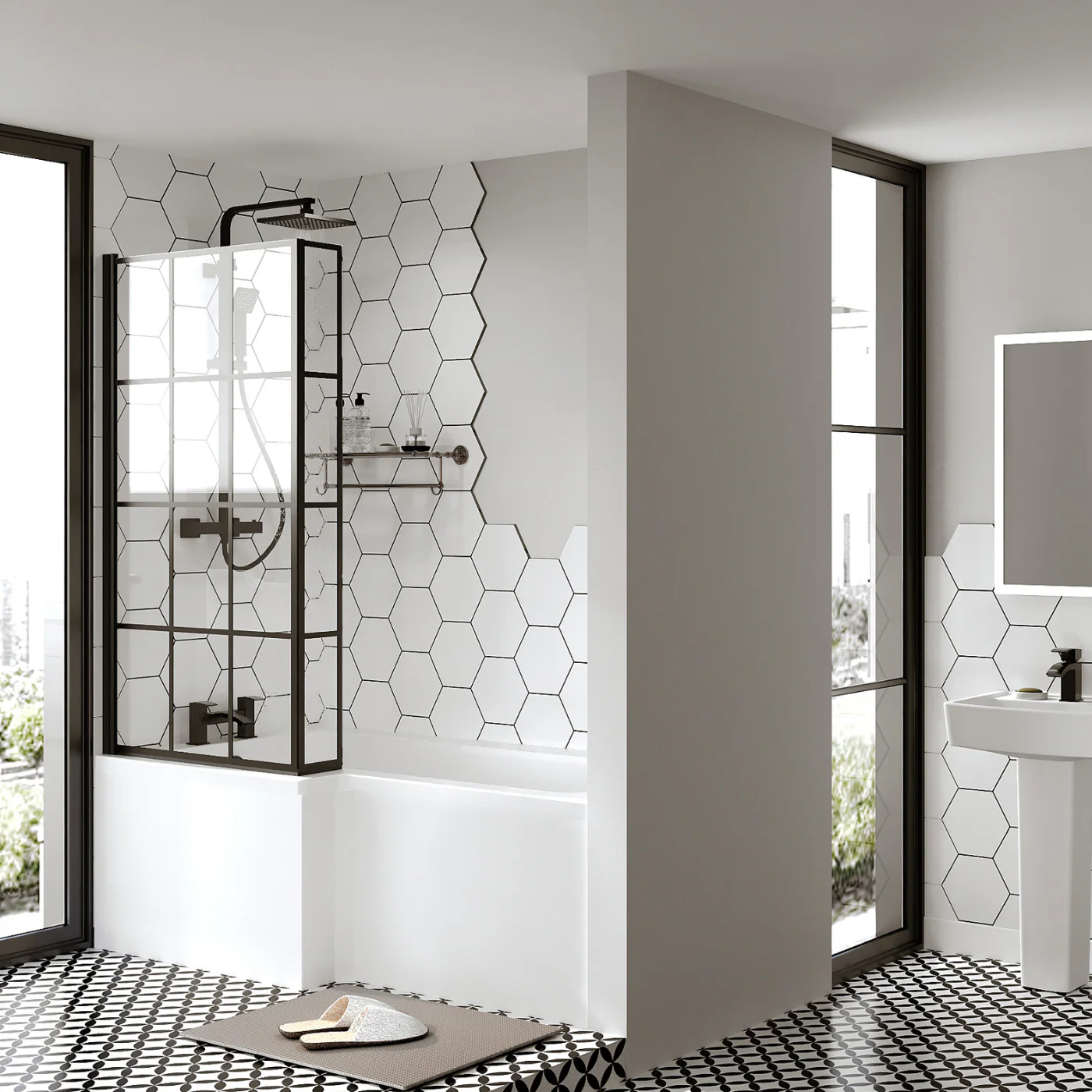 L-Shaped 1700 x 850/700 Shower Bath C/W Black Framed Bath Screen & Front Panel - Image 3