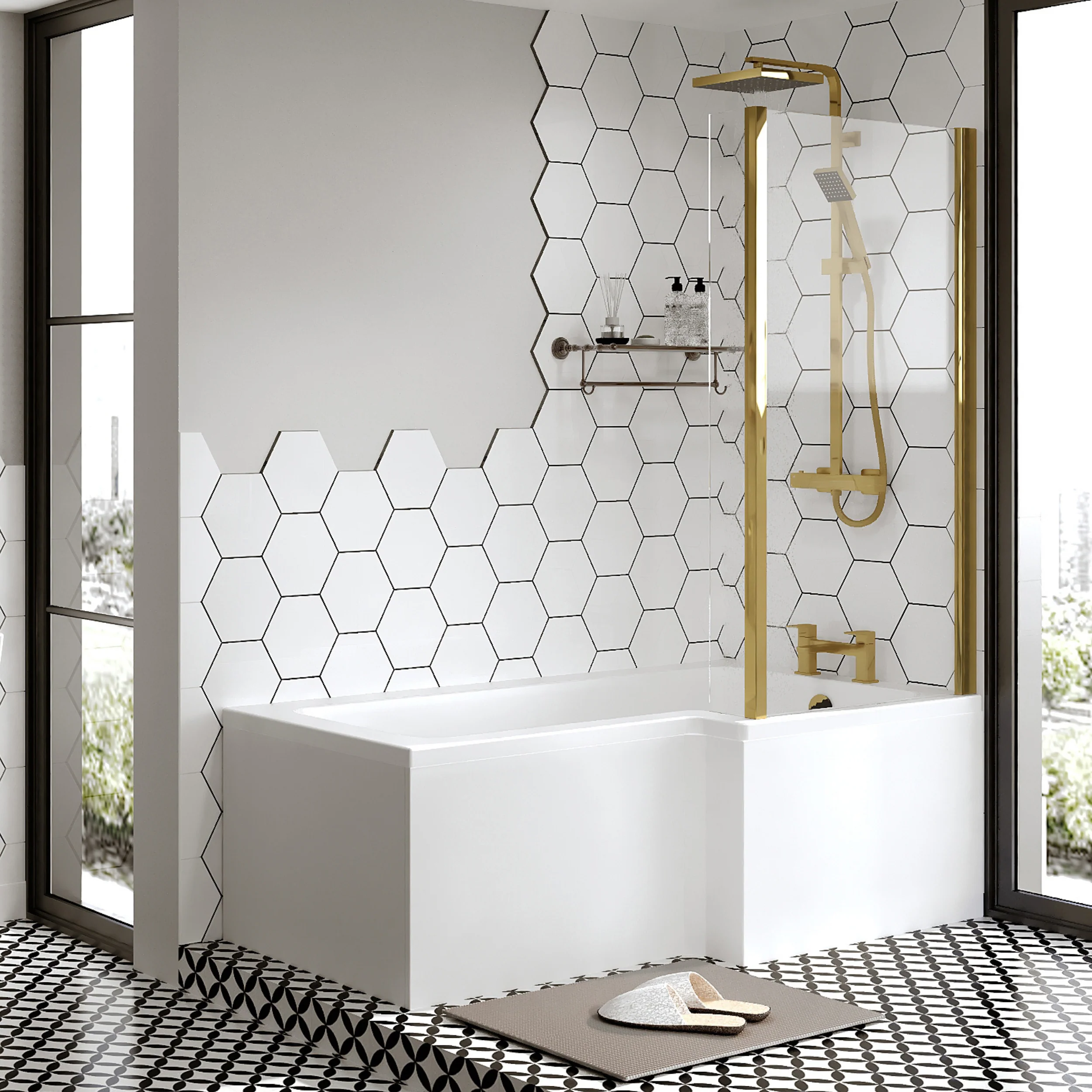 L-Shaped 1800 x 850/700 Shower Bath C/W Brushed Brass Bath Screen & Front Panel - Image 2