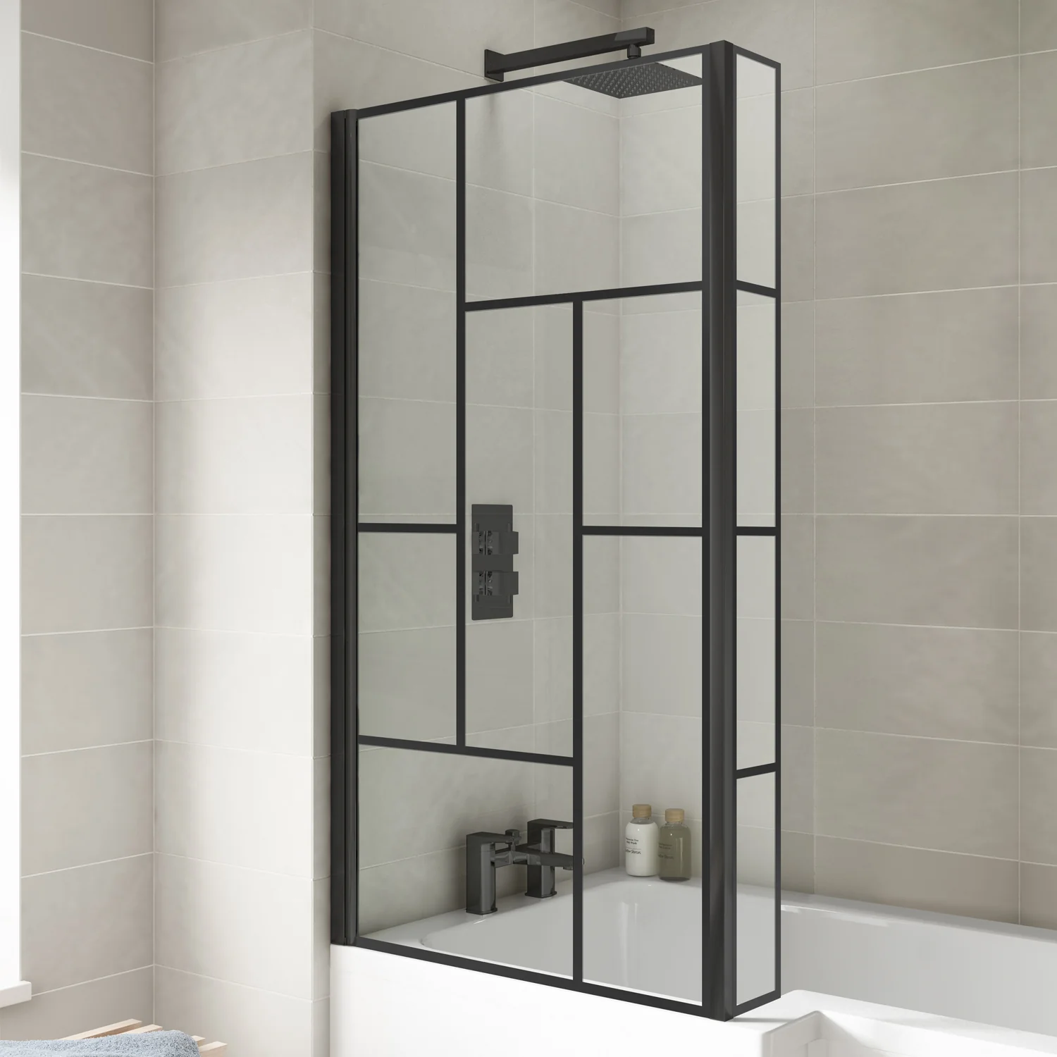 L Shaped 1430 x 795mm Bath Screen with Fixed Return - Black Abstract
