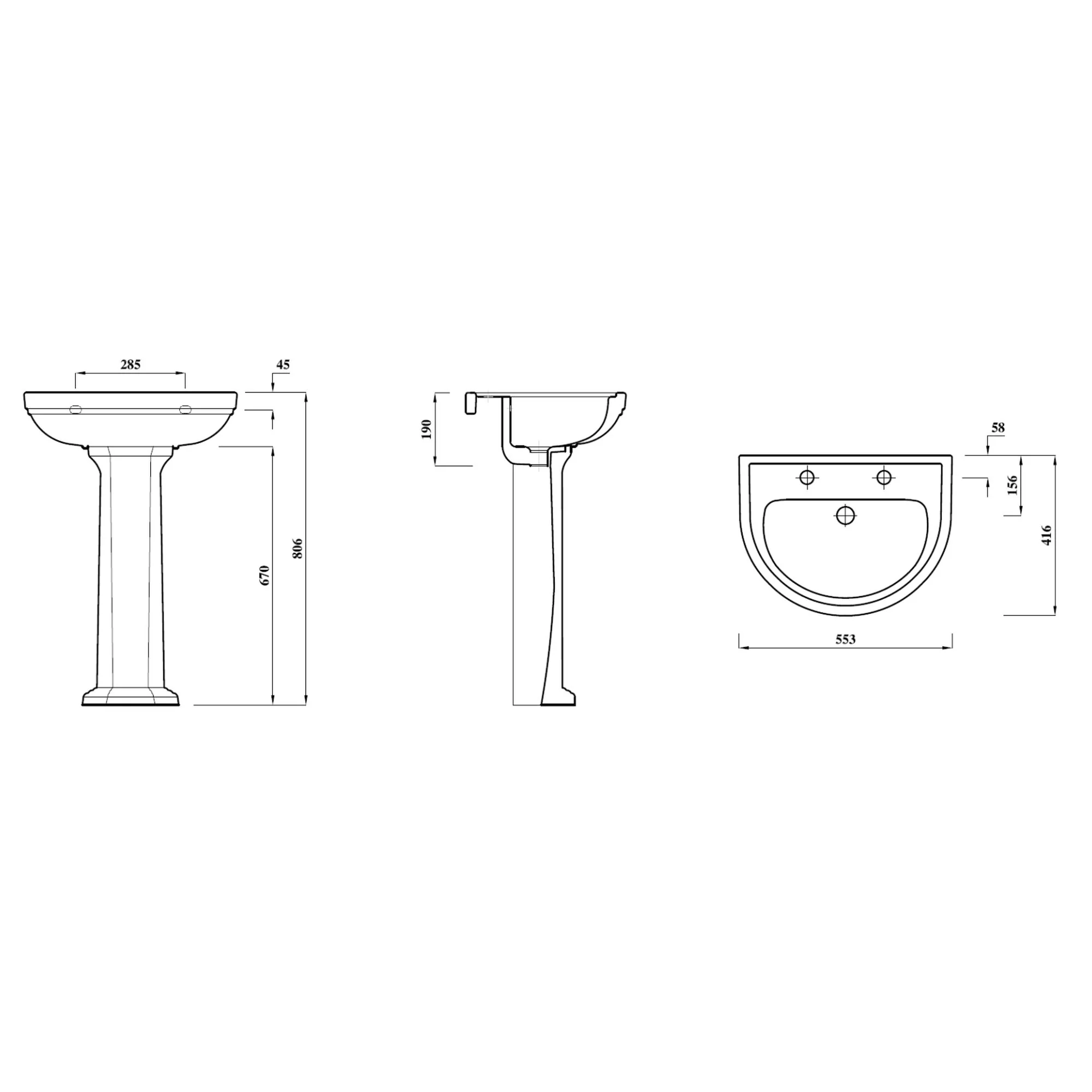 LECICO Saffia Sanitaryware - 55cm Round 2TH Basin - Image 3