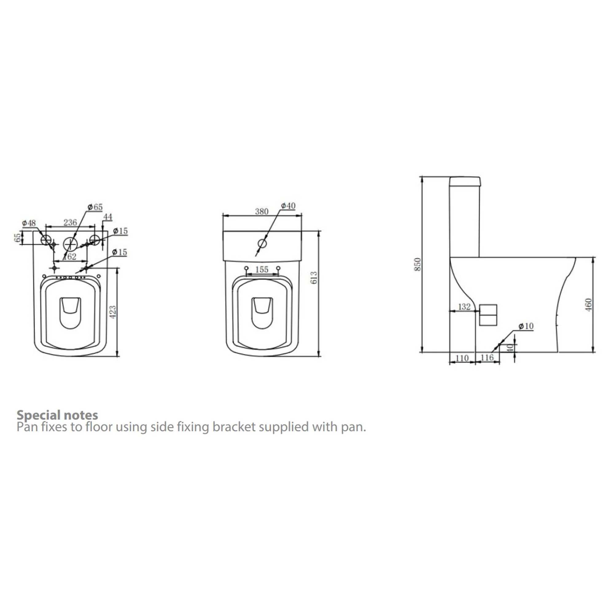 LECICO Shani Square Rimless Sanitaryware - Close Coupled Comfort Height Open Back Pan - Image 2