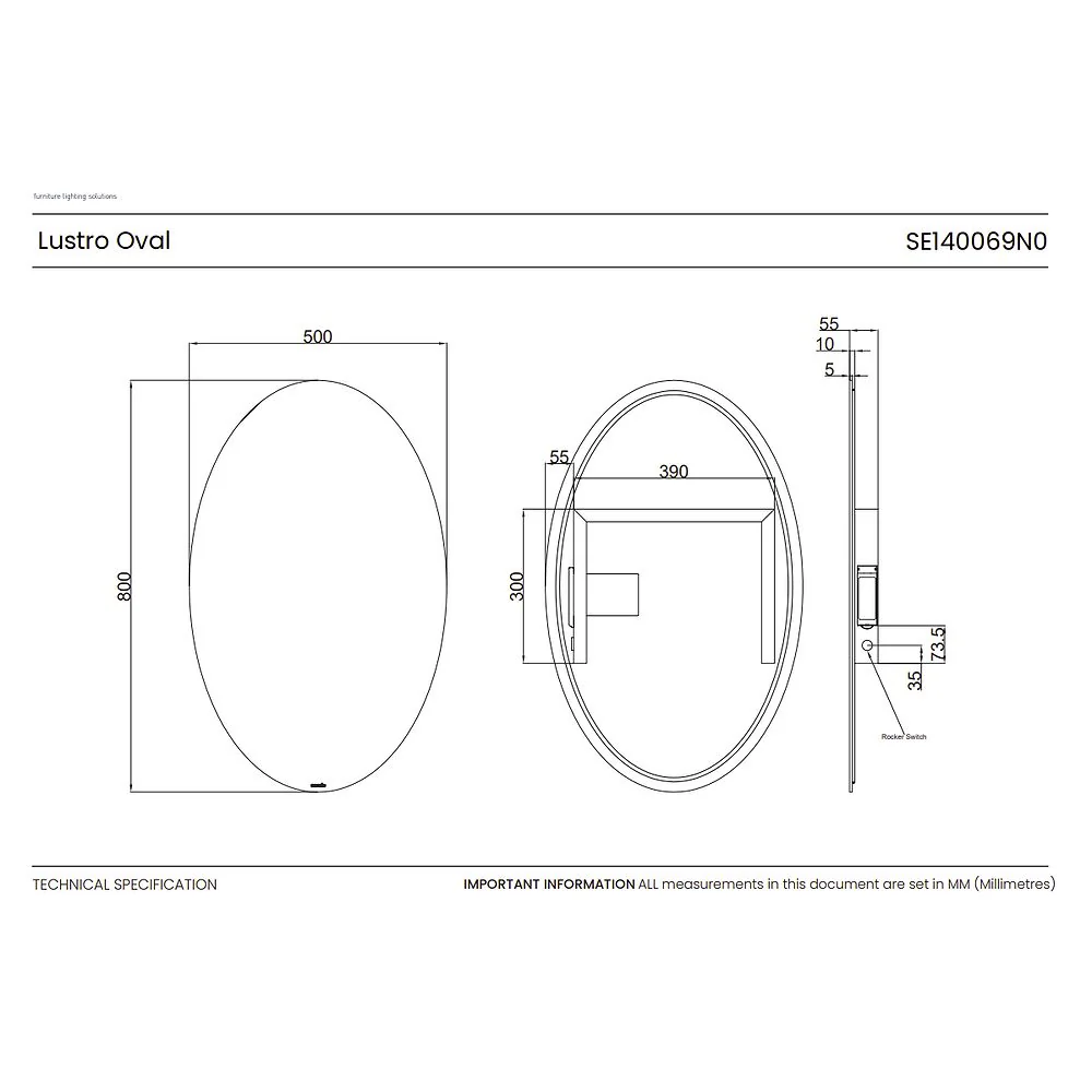 Lustro Rechargeable Mirror with Lithium Battery - Oval - 500 x 800 - Frameless - Image 5