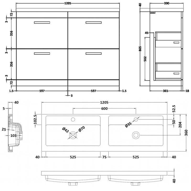 Mantello 1200mm Floor Standing 4-Drawer Double Basin Vanity Unit - White - Image 3
