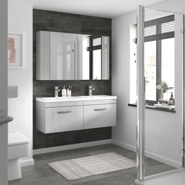 Mantello 1200mm Wall Hung 2-Drawer Double Basin Vanity Unit - Gloss Grey - Image 3