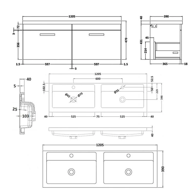 Mantello 1200mm Wall Hung 2-Drawer Double Basin Vanity Unit - Gloss Grey - Image 4