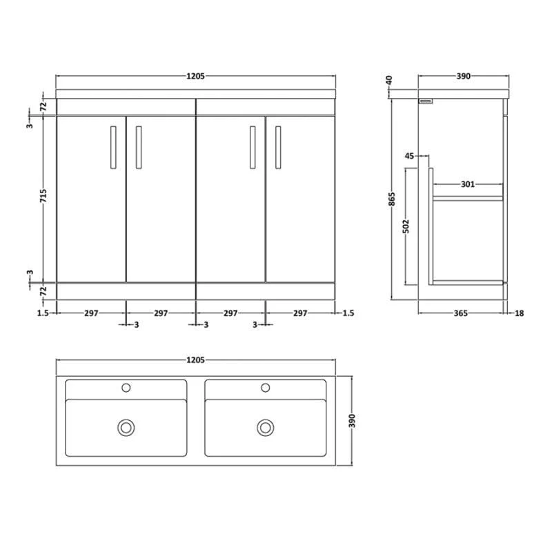 Mantello 1200mm Floor Standing 4-Door Double Basin Vanity Unit - White - Image 3