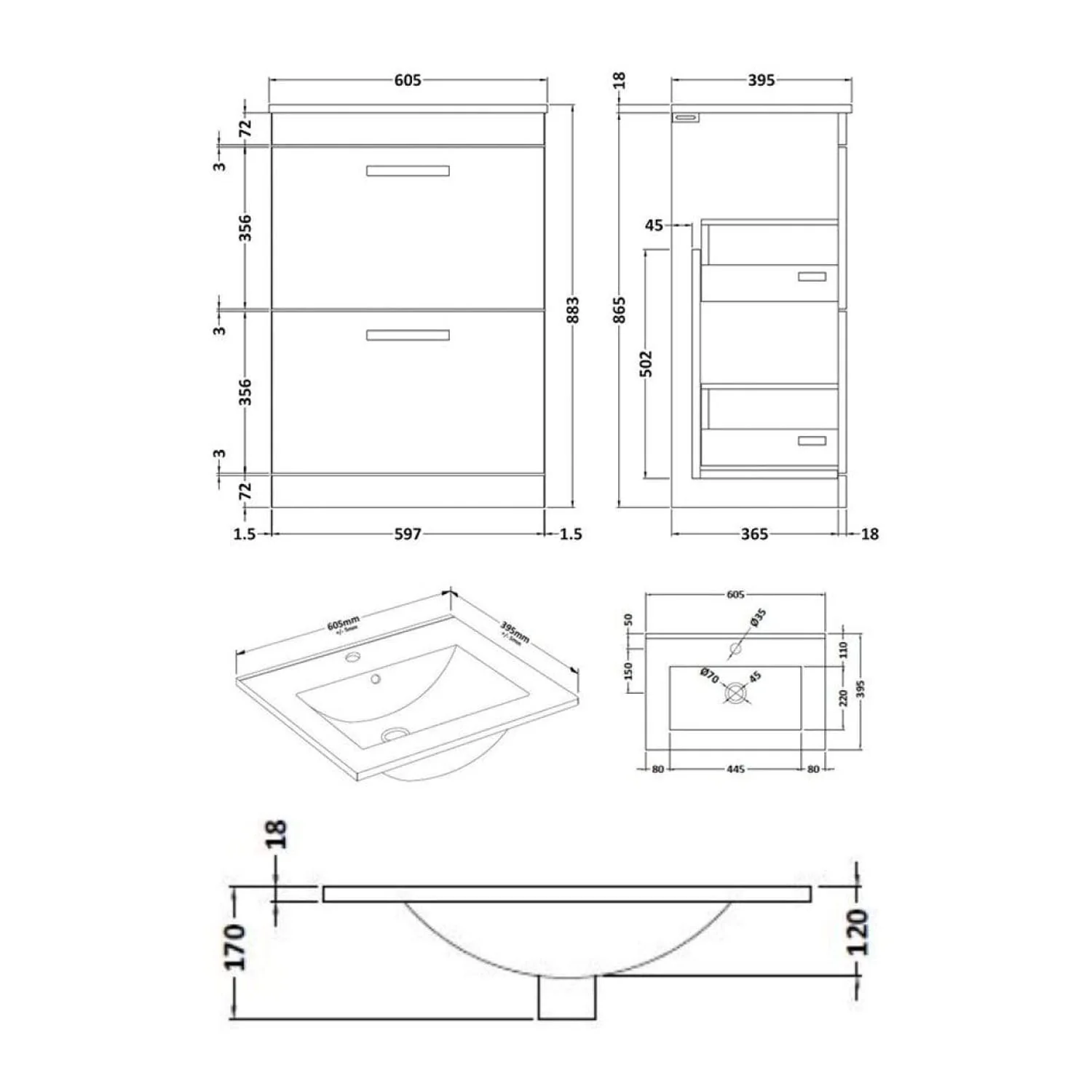Mantello 600mm Floor Standing 2-Drawer Basin Vanity Unit - Charcoal Black - Image 3