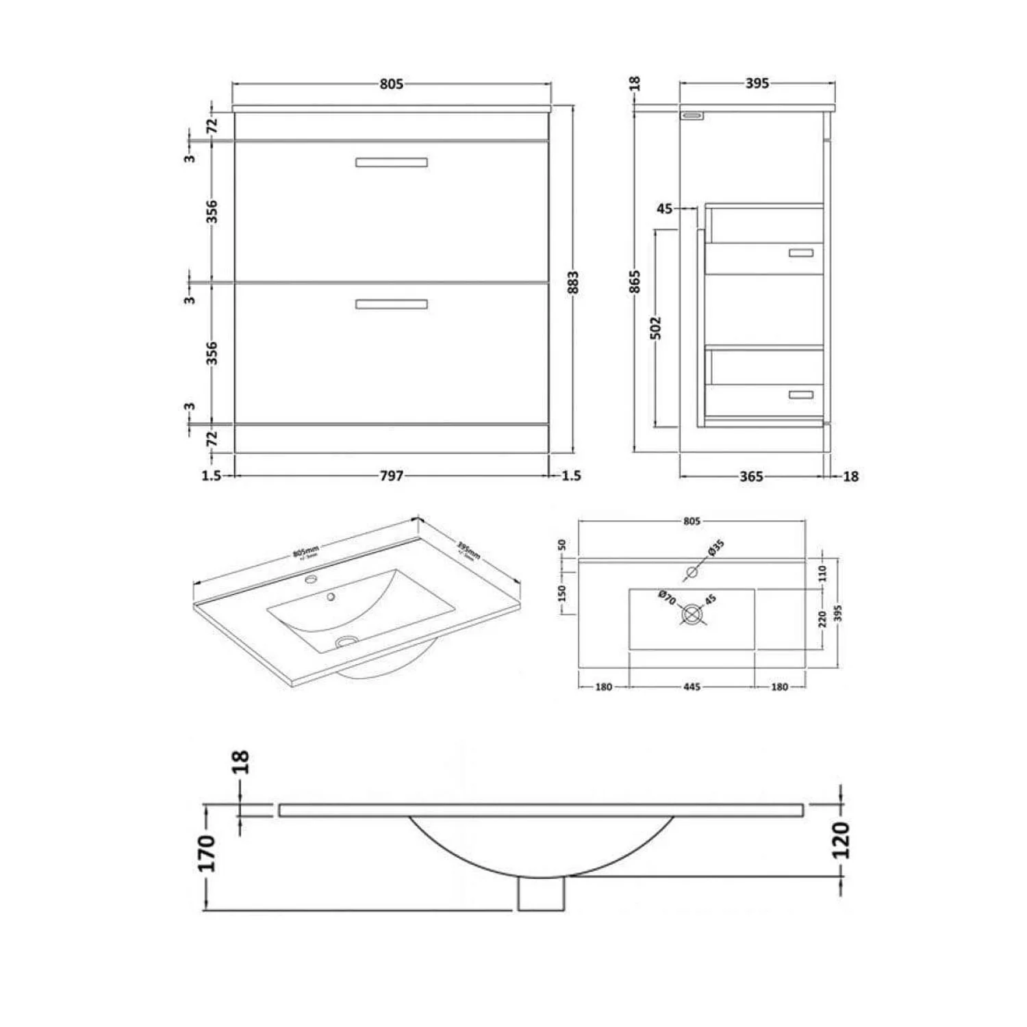 Mantello 800mm Floor Standing 2-Drawer Basin Vanity Unit - Charcoal Black - Image 3