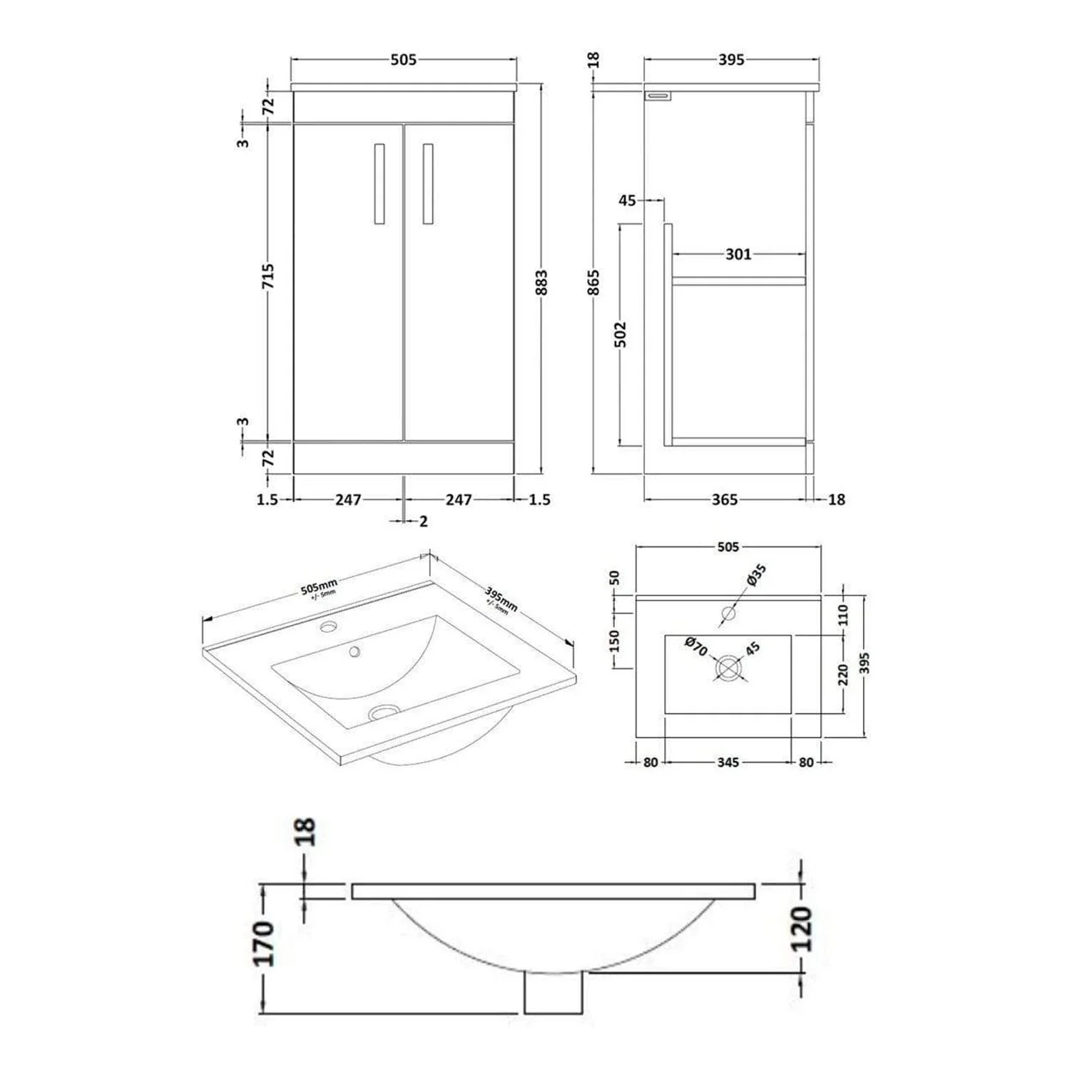 Mantello Black 500mm Floor Standing 2-Door Basin Vanity Unit - Anthracite Woodgrain - Image 5