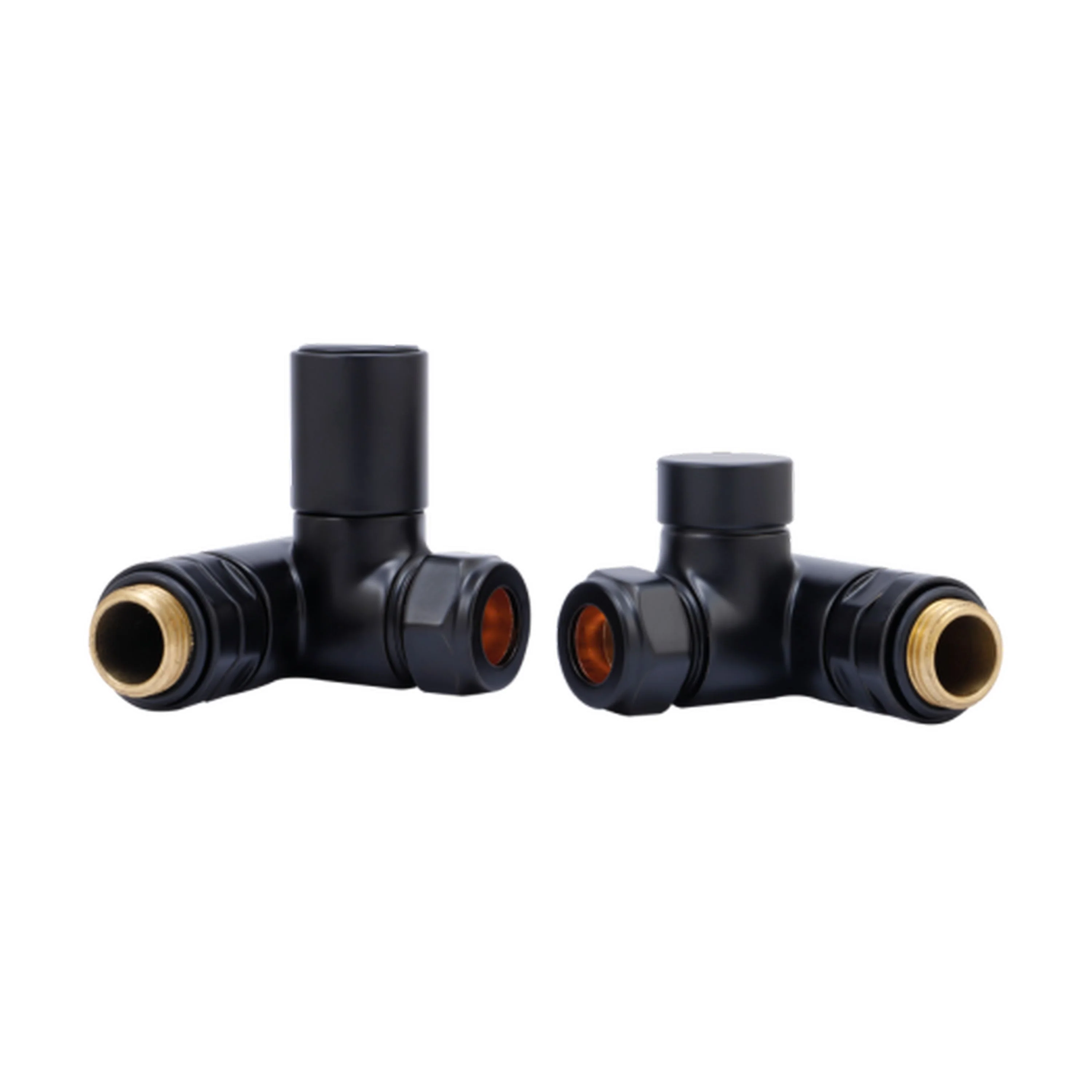 Black Manual Dual Fuel Radiator Round Valves with 130mm Pipe Sleeves - Corner - Image 3