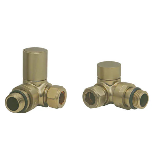 Brushed Brass Manual Radiator Round Valves with 130mm Pipe Sleeves - Corner - Image 3