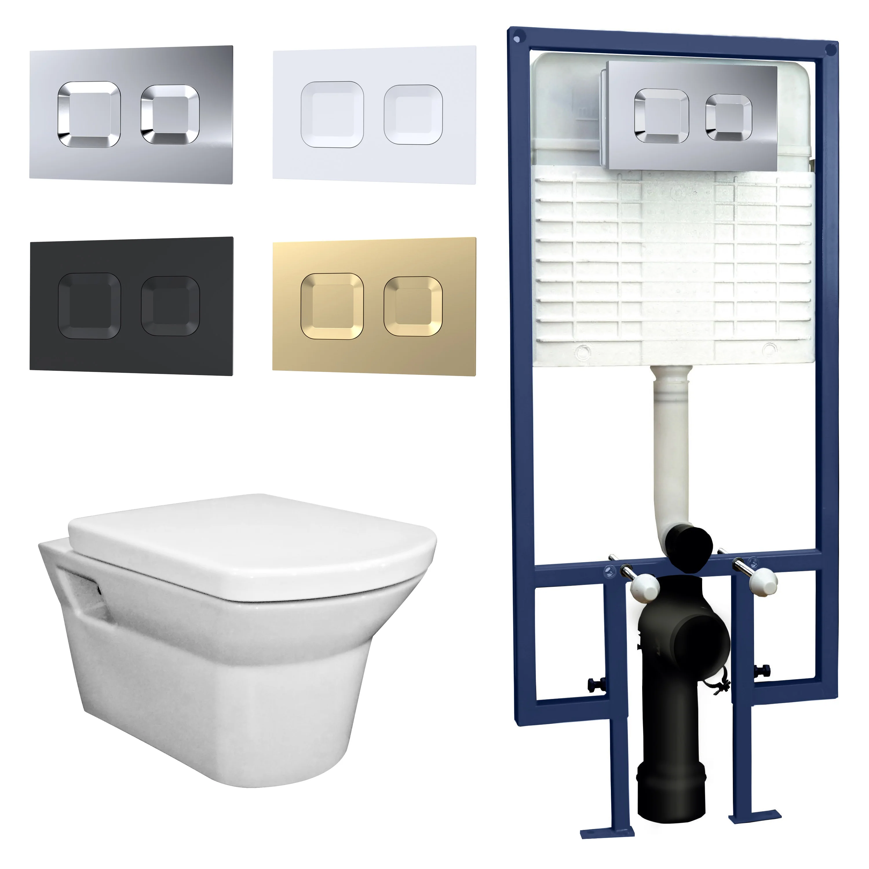 Maya Concealed Cistern Frames Wall Hung Pan with Soft Close Seat - Square Plate